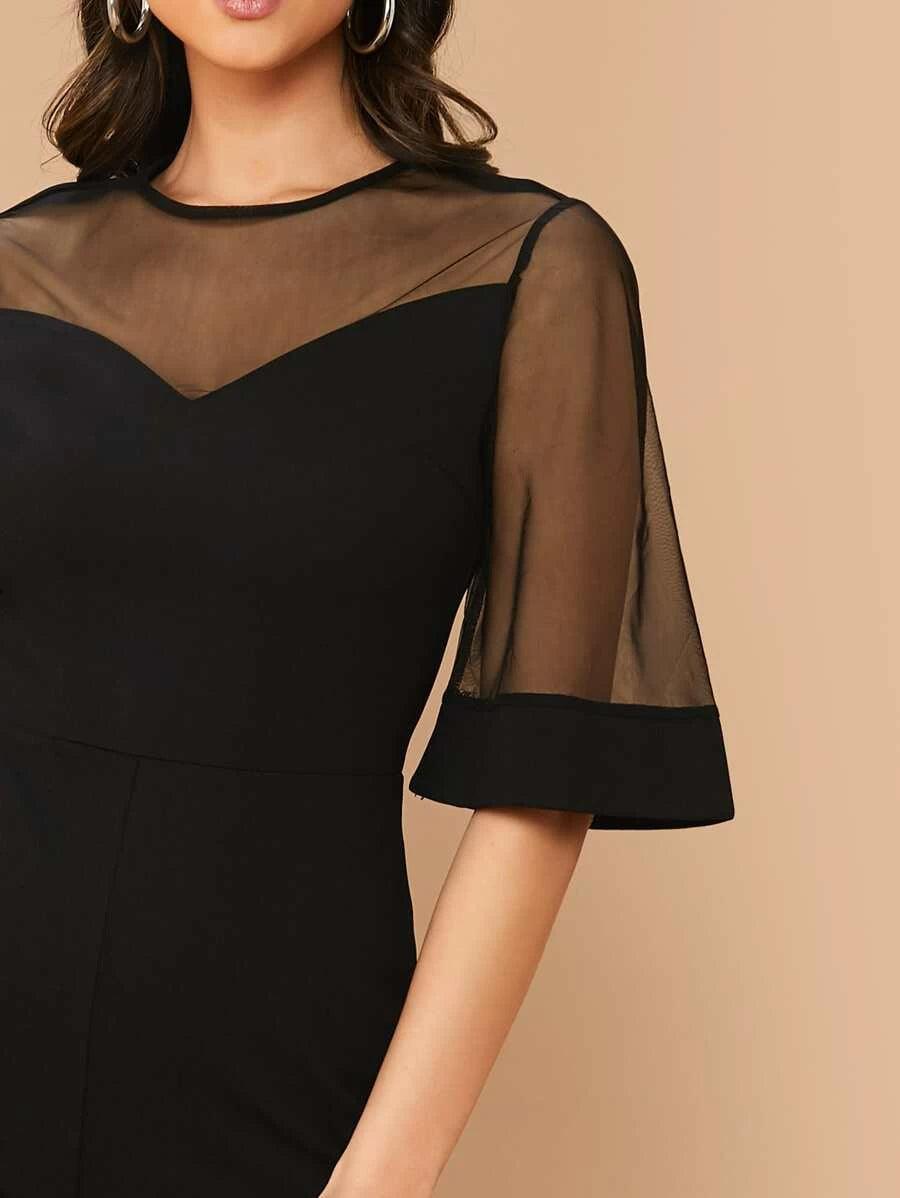 Sheer Mesh Bell Sleeve Romper-Comfy Jumpsuits