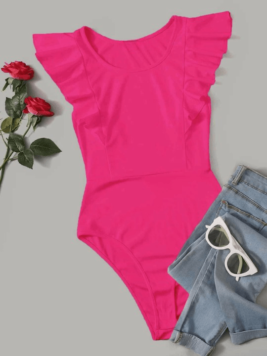 Solid Ruffle Armhole Bodysuit-Comfy Jumpsuits