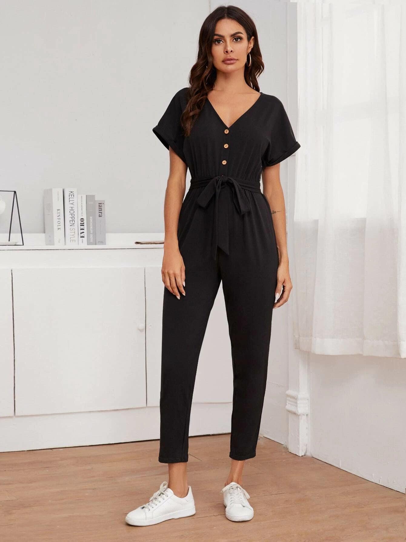 Buttoned Front Belted Short Sleeve Jumpsuit-Comfy Jumpsuits