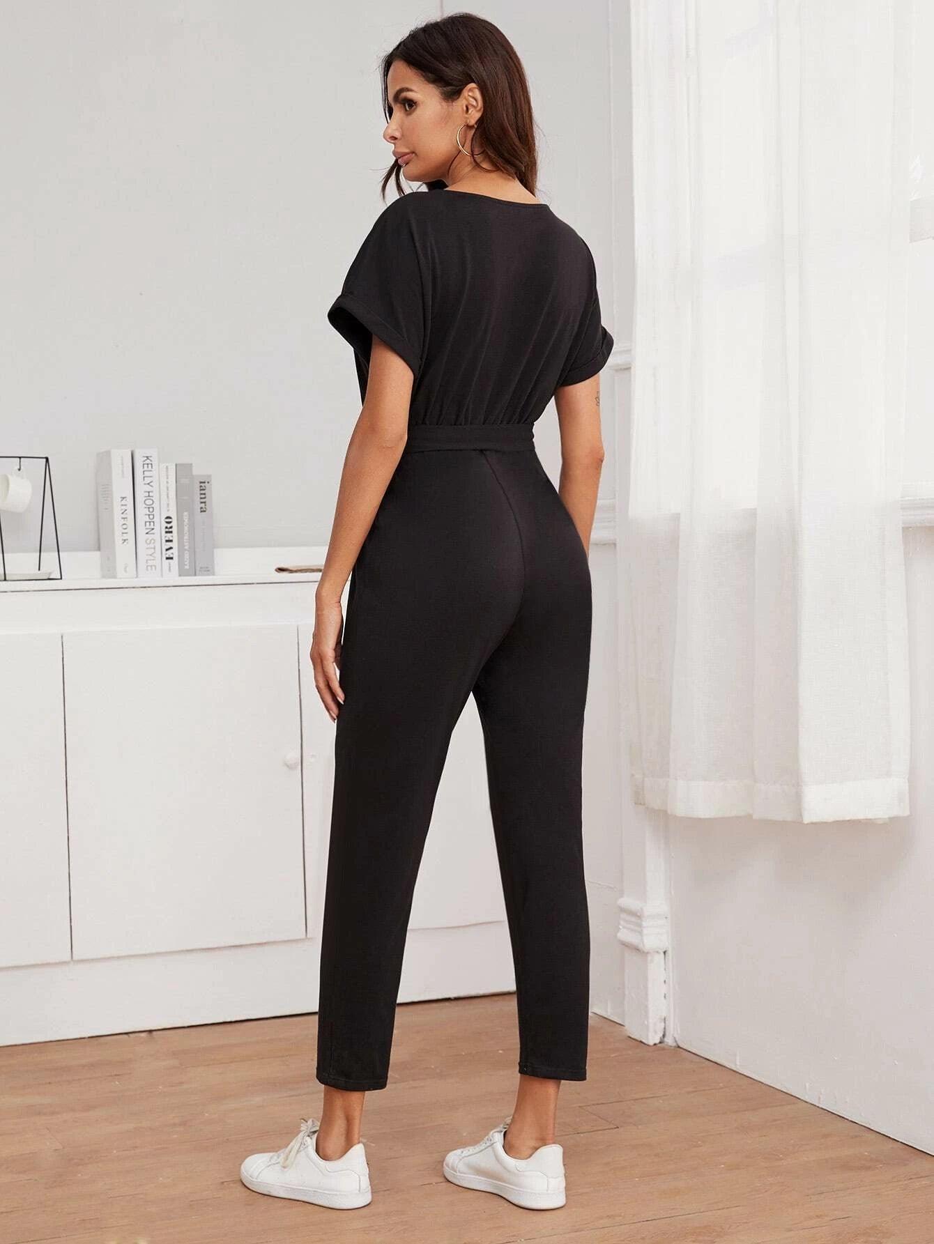 Buttoned Front Belted Short Sleeve Jumpsuit-Comfy Jumpsuits