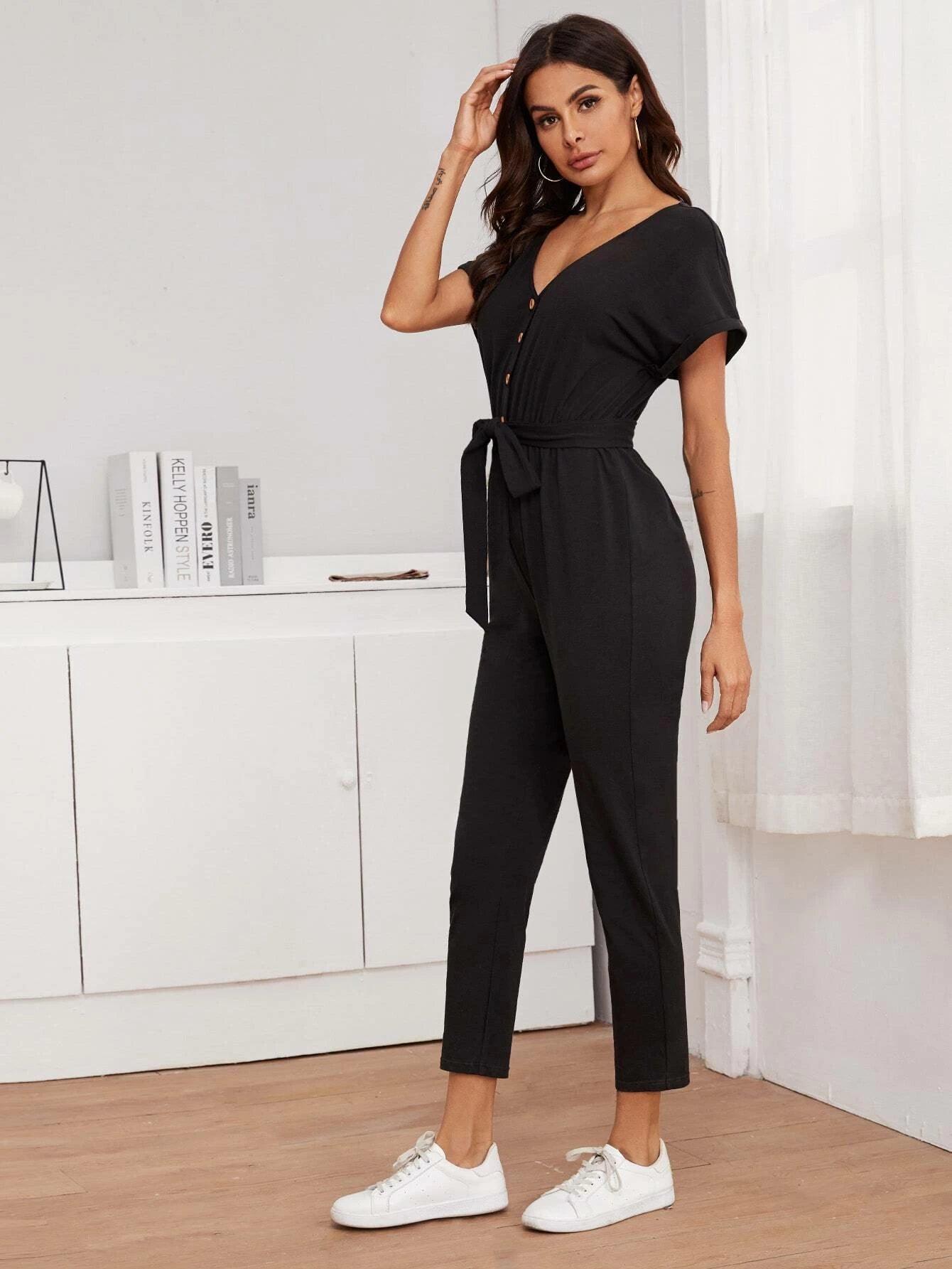 Buttoned Front Belted Short Sleeve Jumpsuit-Comfy Jumpsuits