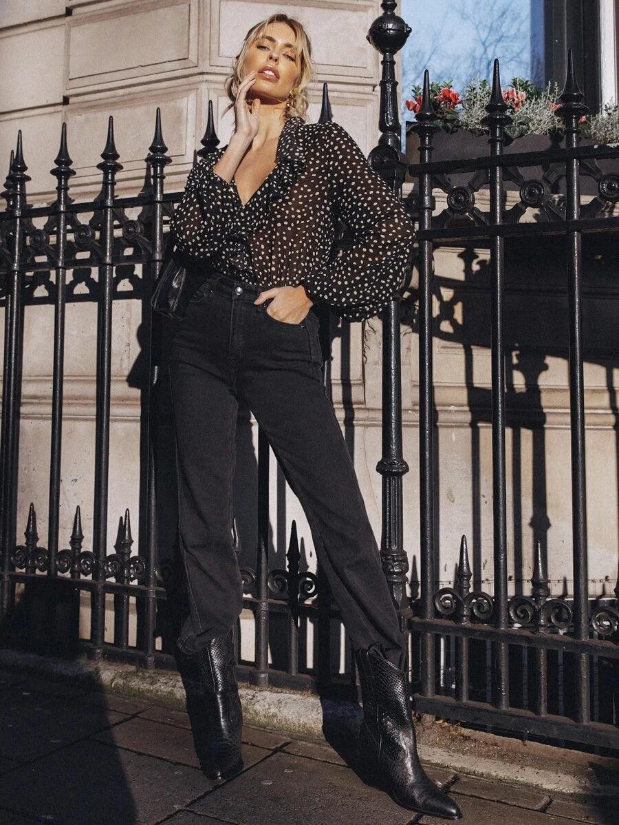 V-neck Ruffle All Over Print Bodysuit-Comfy Jumpsuits