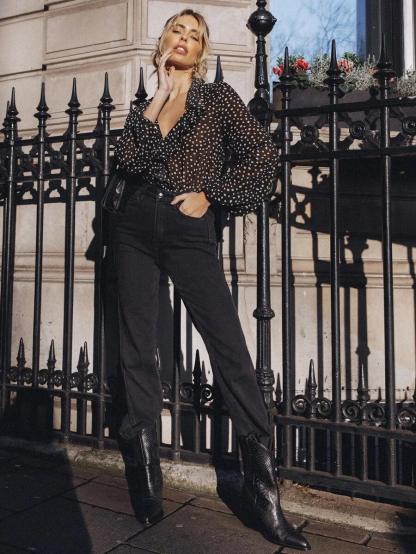 V-neck Ruffle All Over Print Bodysuit-Comfy Jumpsuits