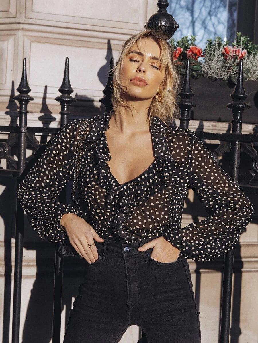 V-neck Ruffle All Over Print Bodysuit-Comfy Jumpsuits