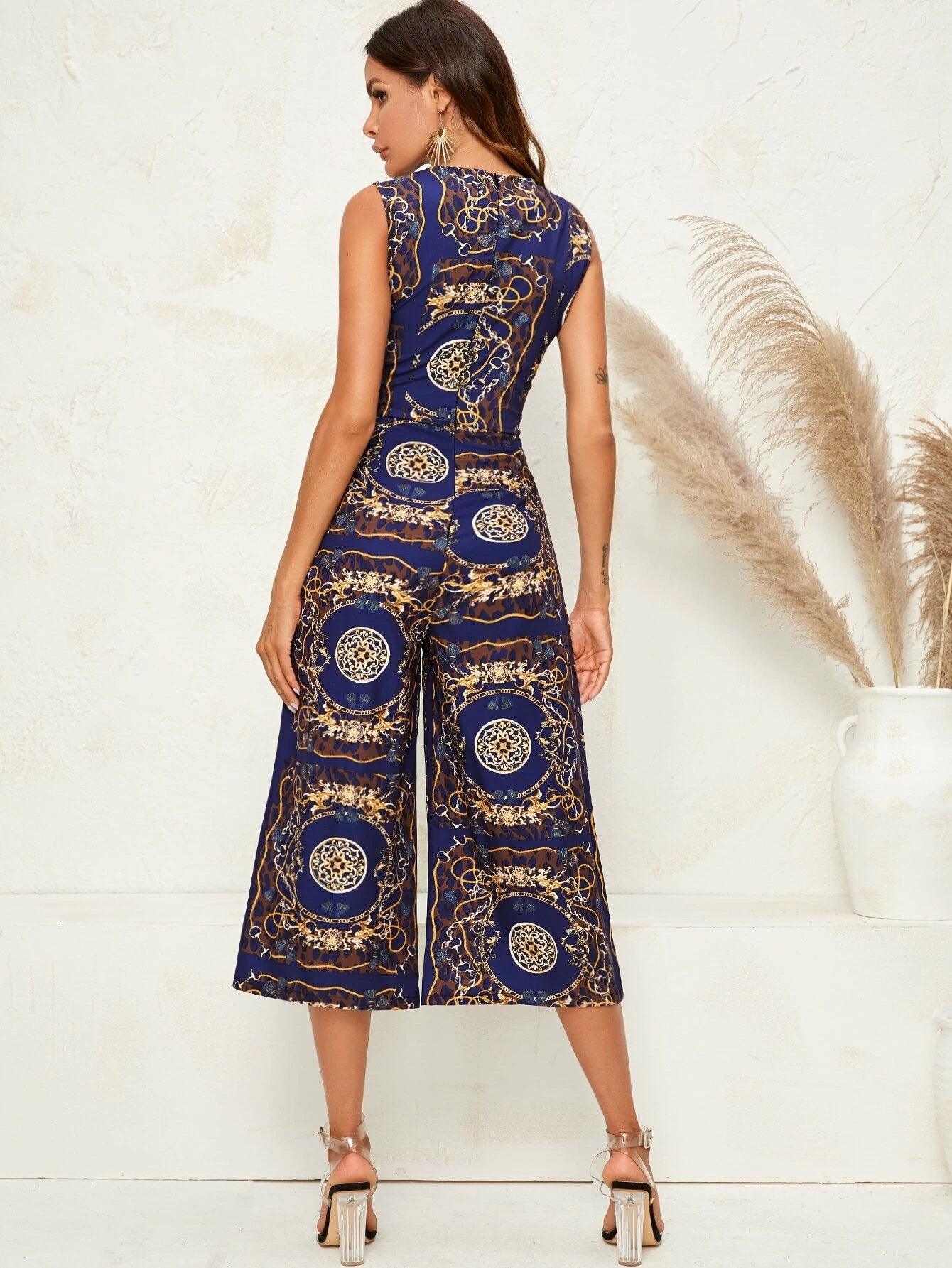 Tribal Print Round Neck Jumpsuit-Comfy Jumpsuits