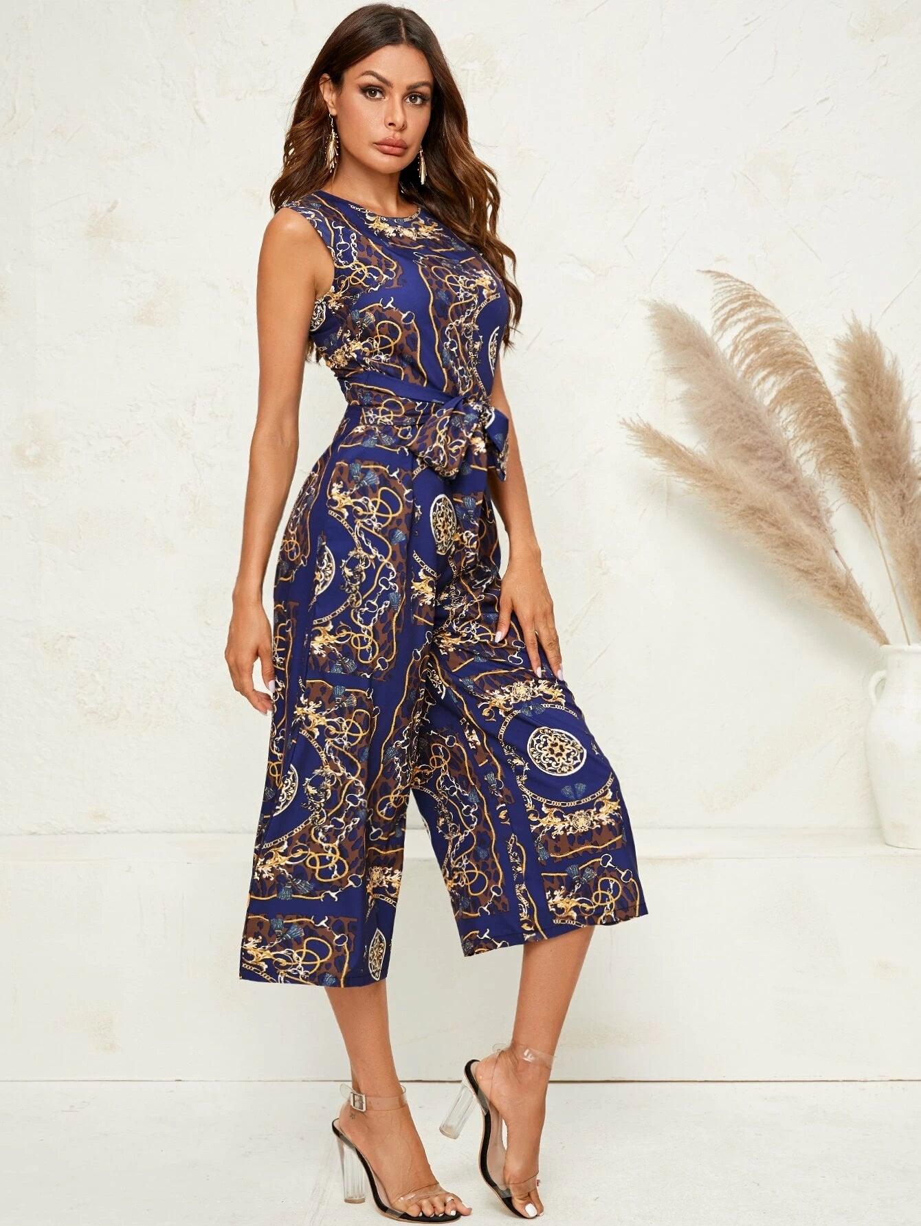 Tribal Print Round Neck Jumpsuit-Comfy Jumpsuits