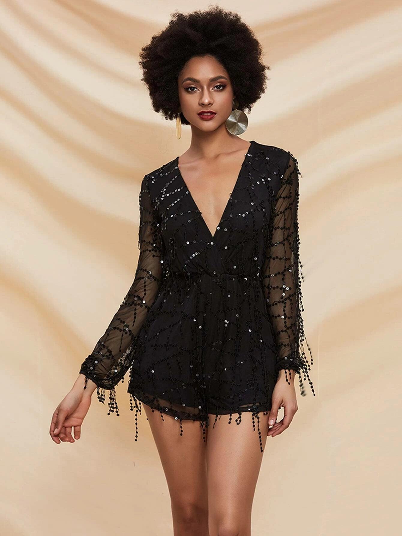 Sleeve Sequin Mesh Romper-Comfy Jumpsuits