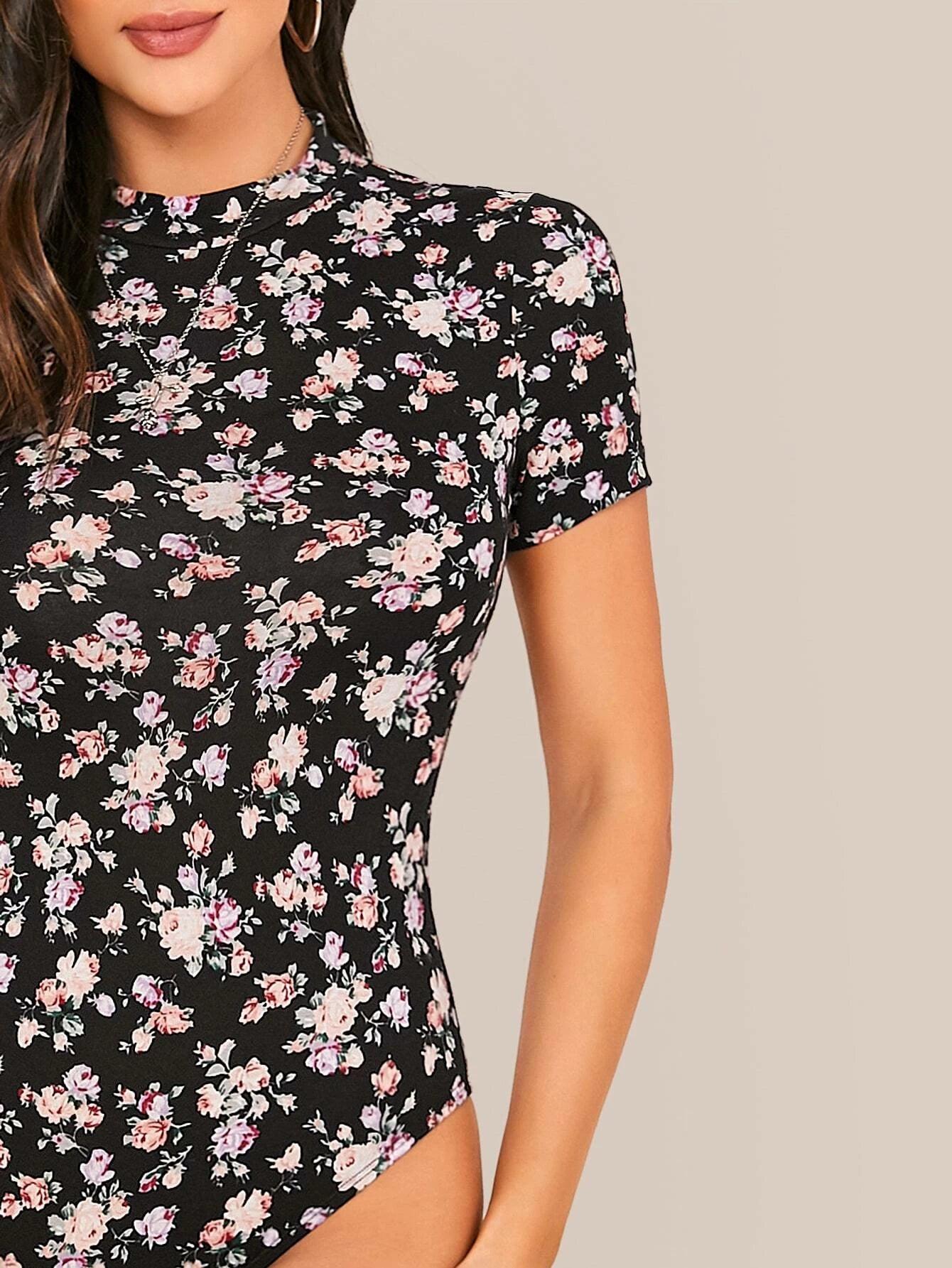 Mock Neck Floral Bodysuit-Comfy Jumpsuits