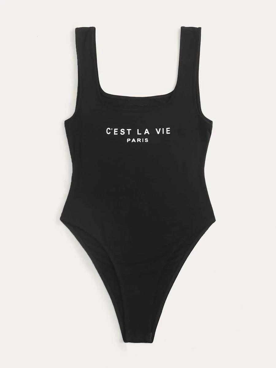 Slogan Graphic Tank Bodysuit-Comfy Jumpsuits