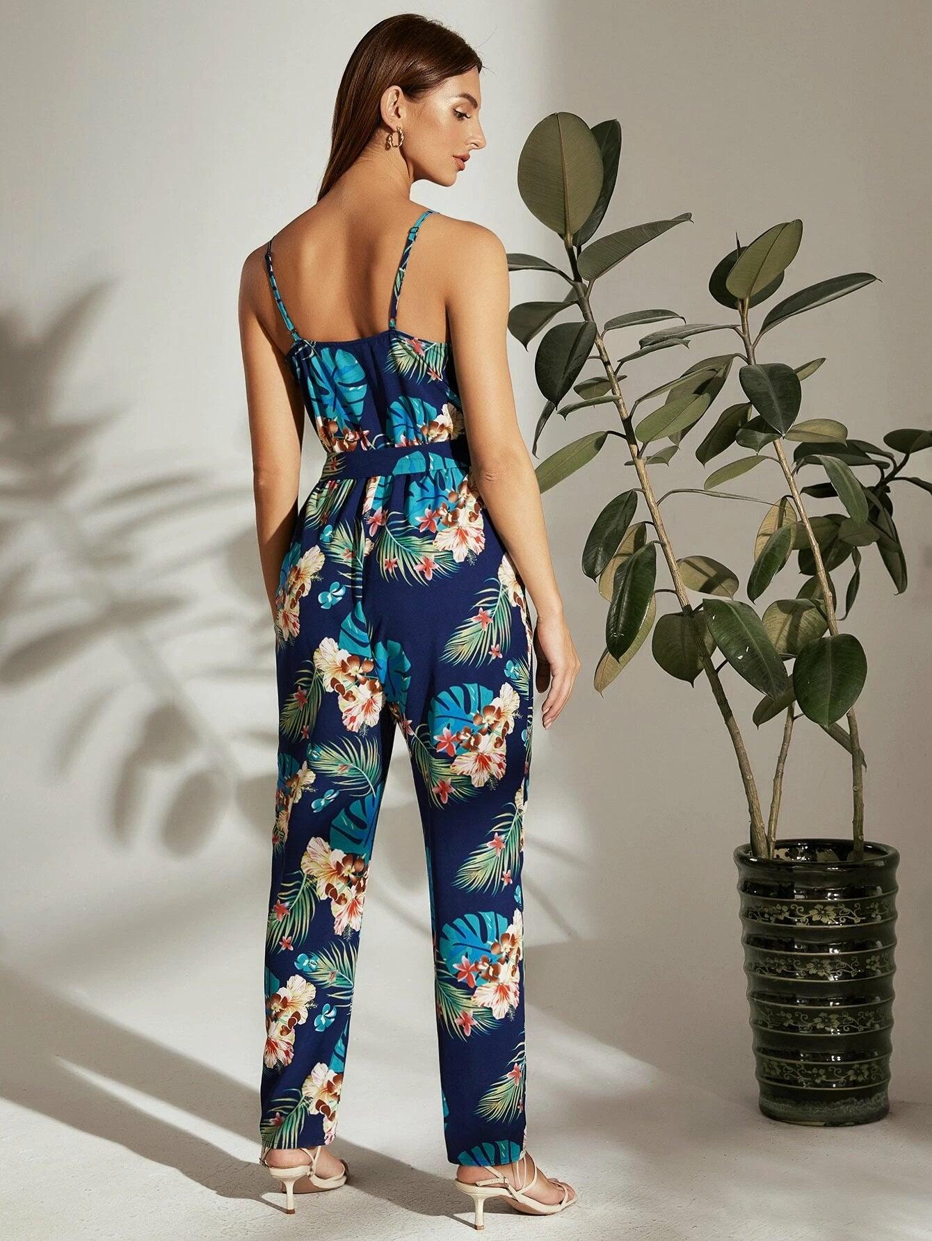 Tropical Printed Cami Jumpsuit-Comfy Jumpsuits