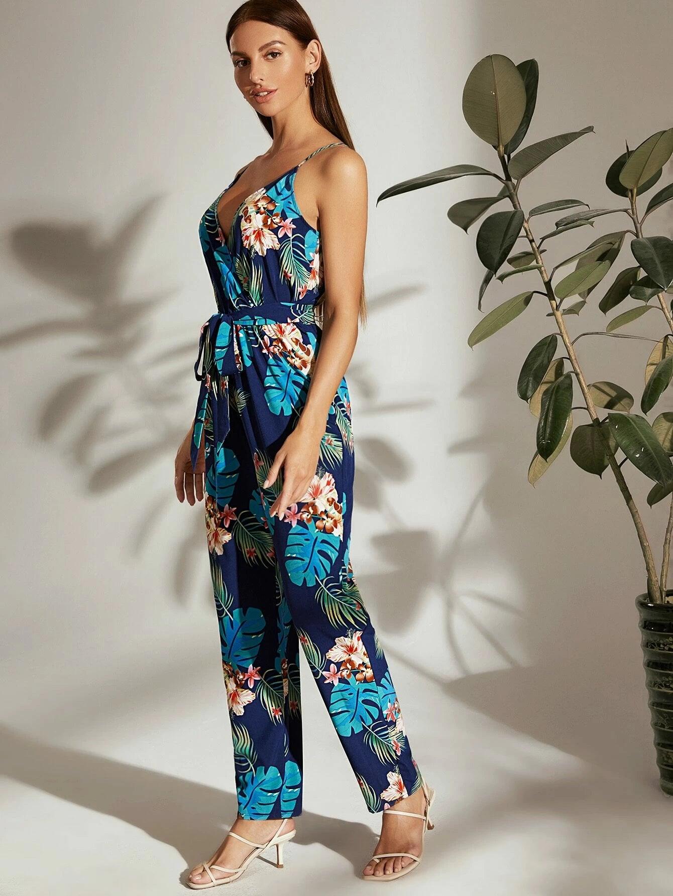 Tropical Printed Cami Jumpsuit-Comfy Jumpsuits