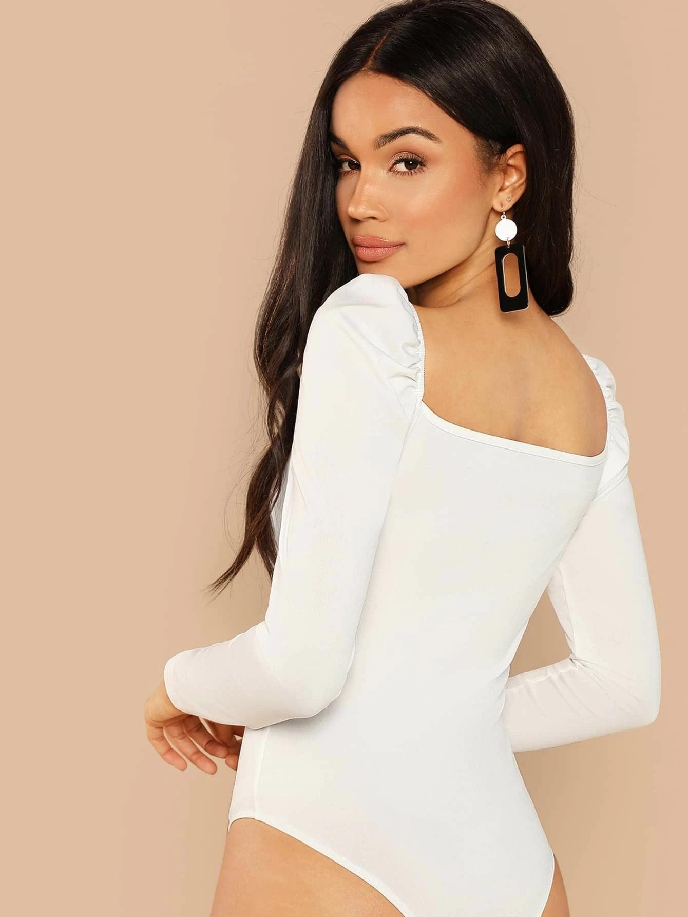 Puff Sleeve Surplice Neck Ruched Bodysuit-Comfy Jumpsuits