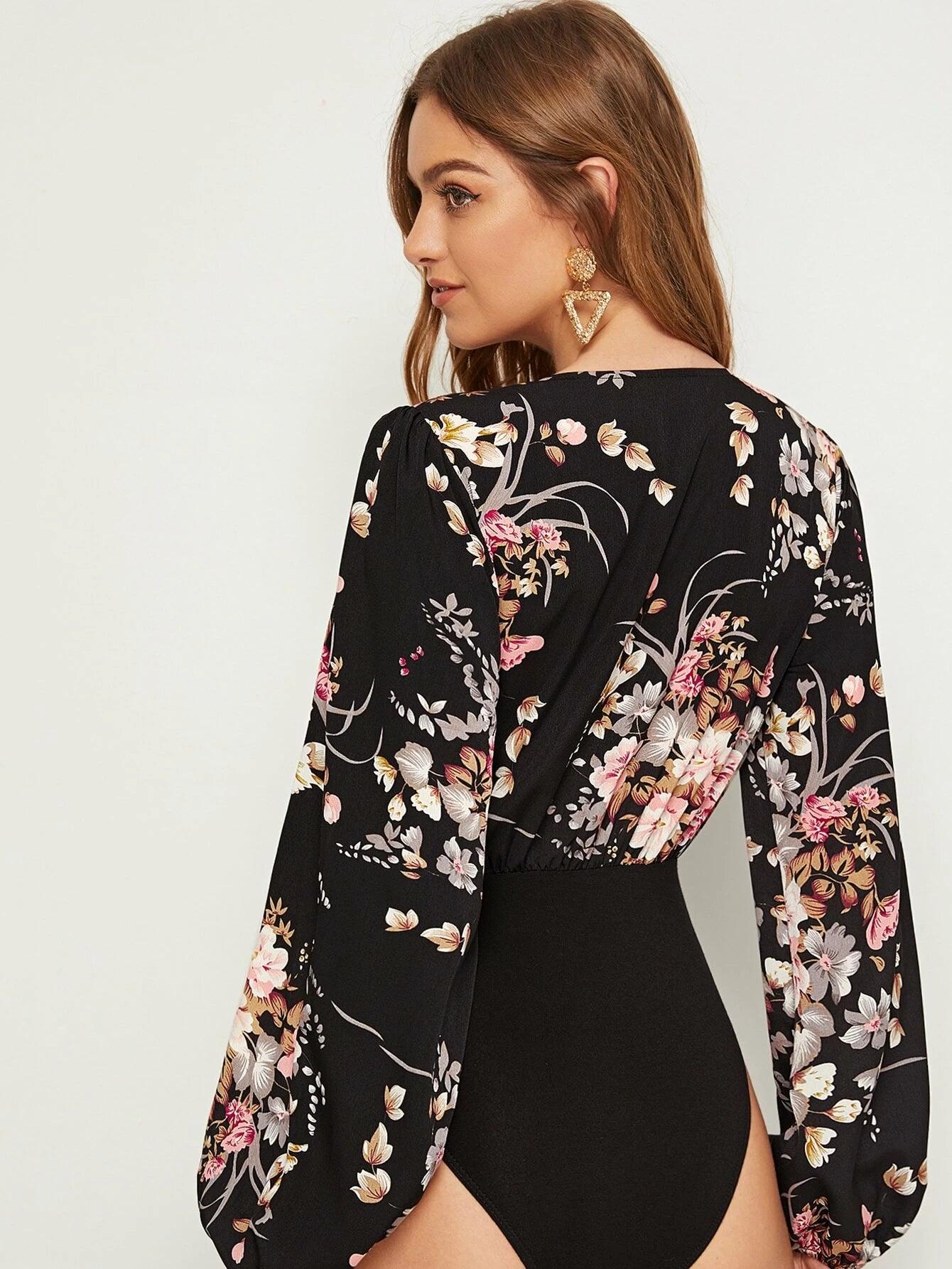 Floral Pattern Combo Bodysuit-Comfy Jumpsuits