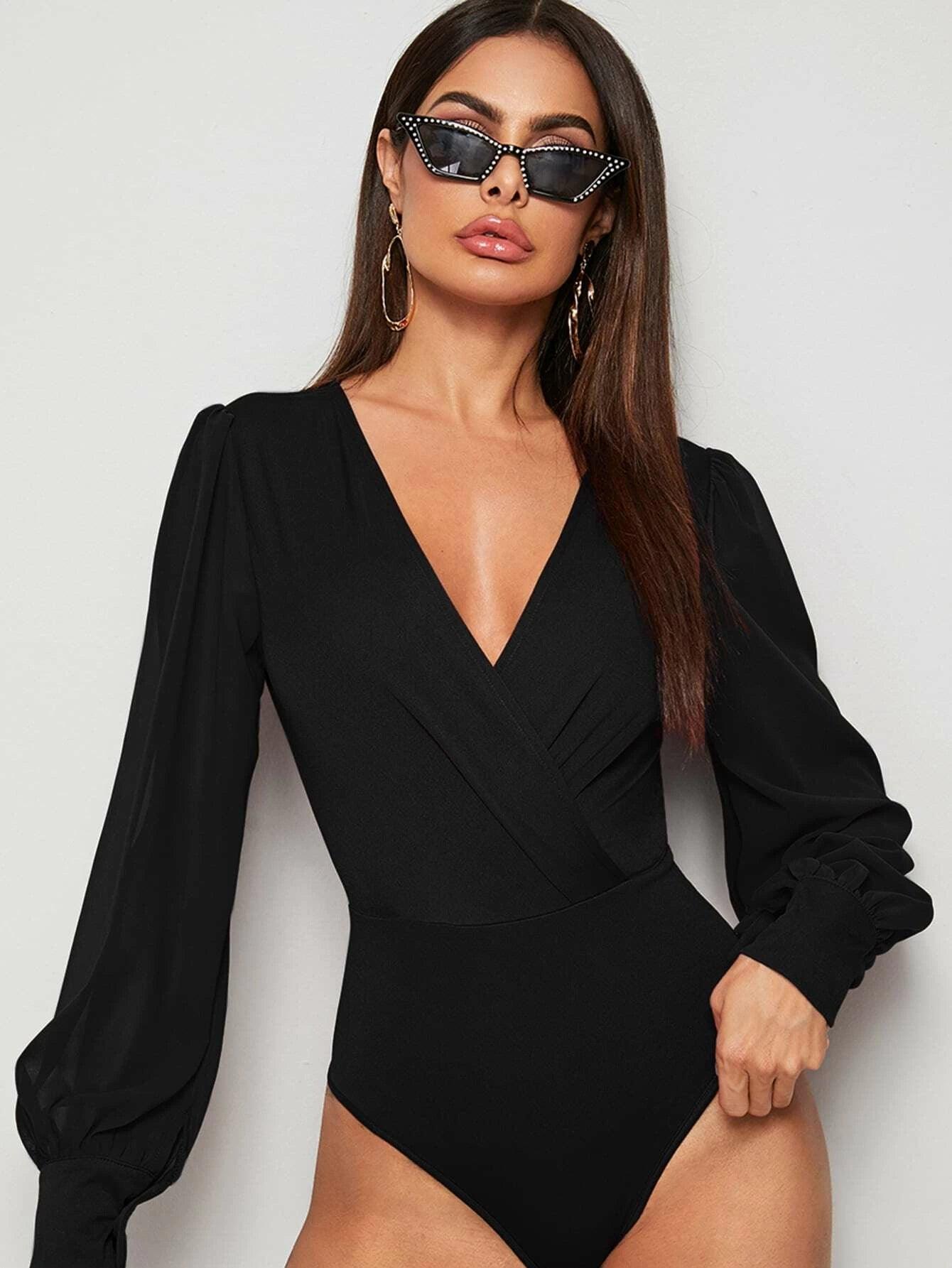 Surplice Front Lantern Sleeve Bodysuit-Comfy Jumpsuits