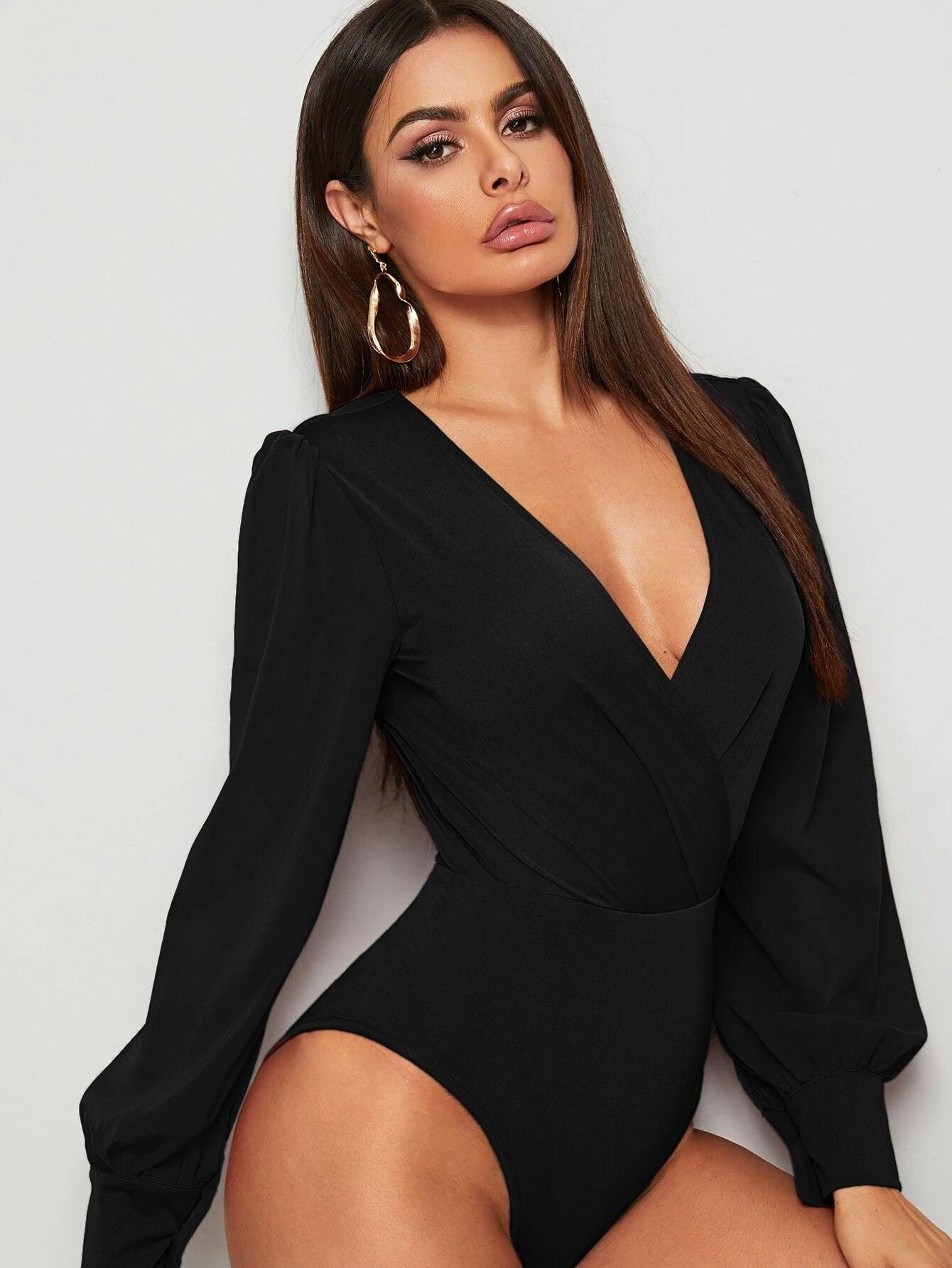 Surplice Front Lantern Sleeve Bodysuit-Comfy Jumpsuits