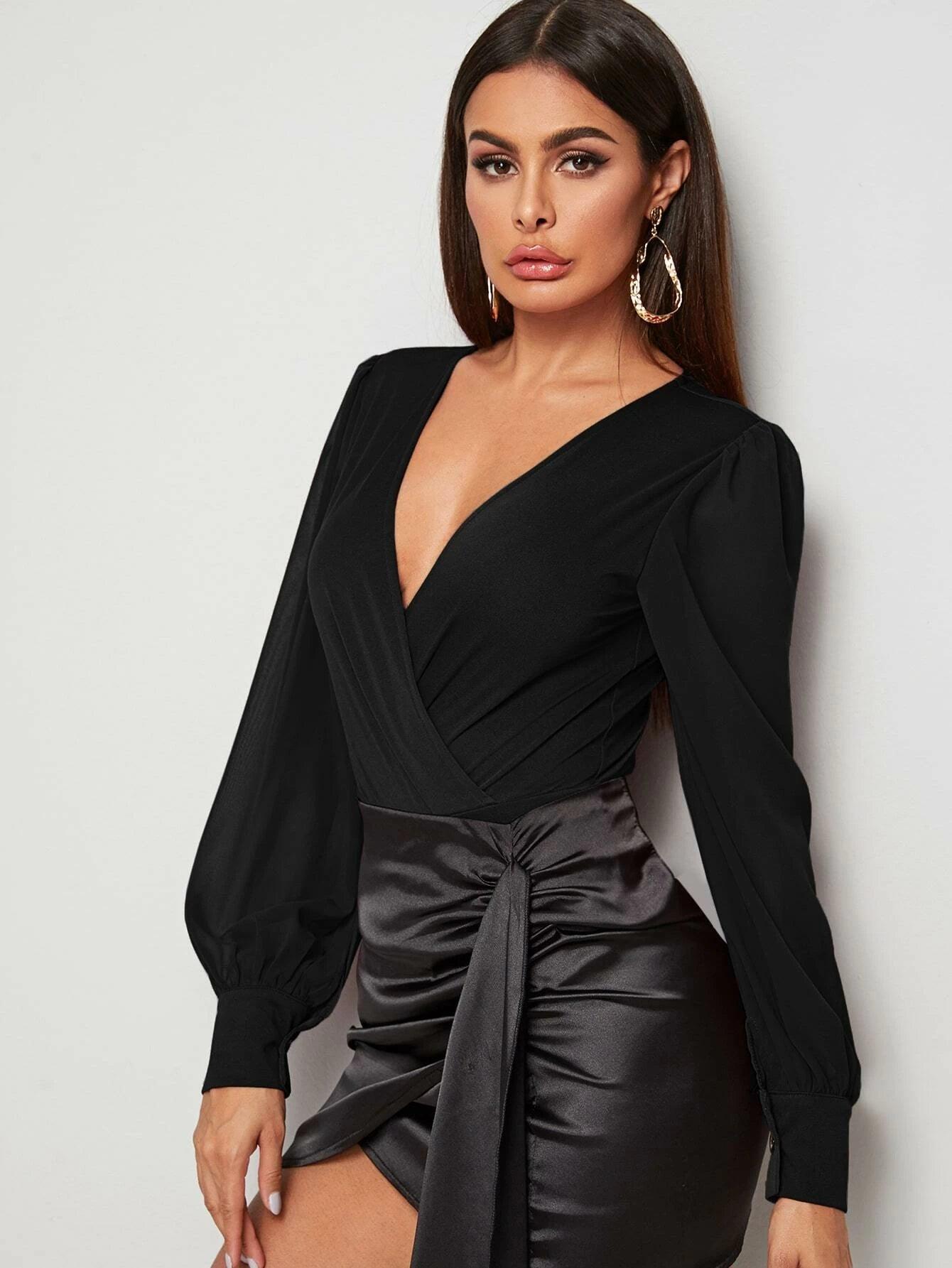 Surplice Front Lantern Sleeve Bodysuit-Comfy Jumpsuits