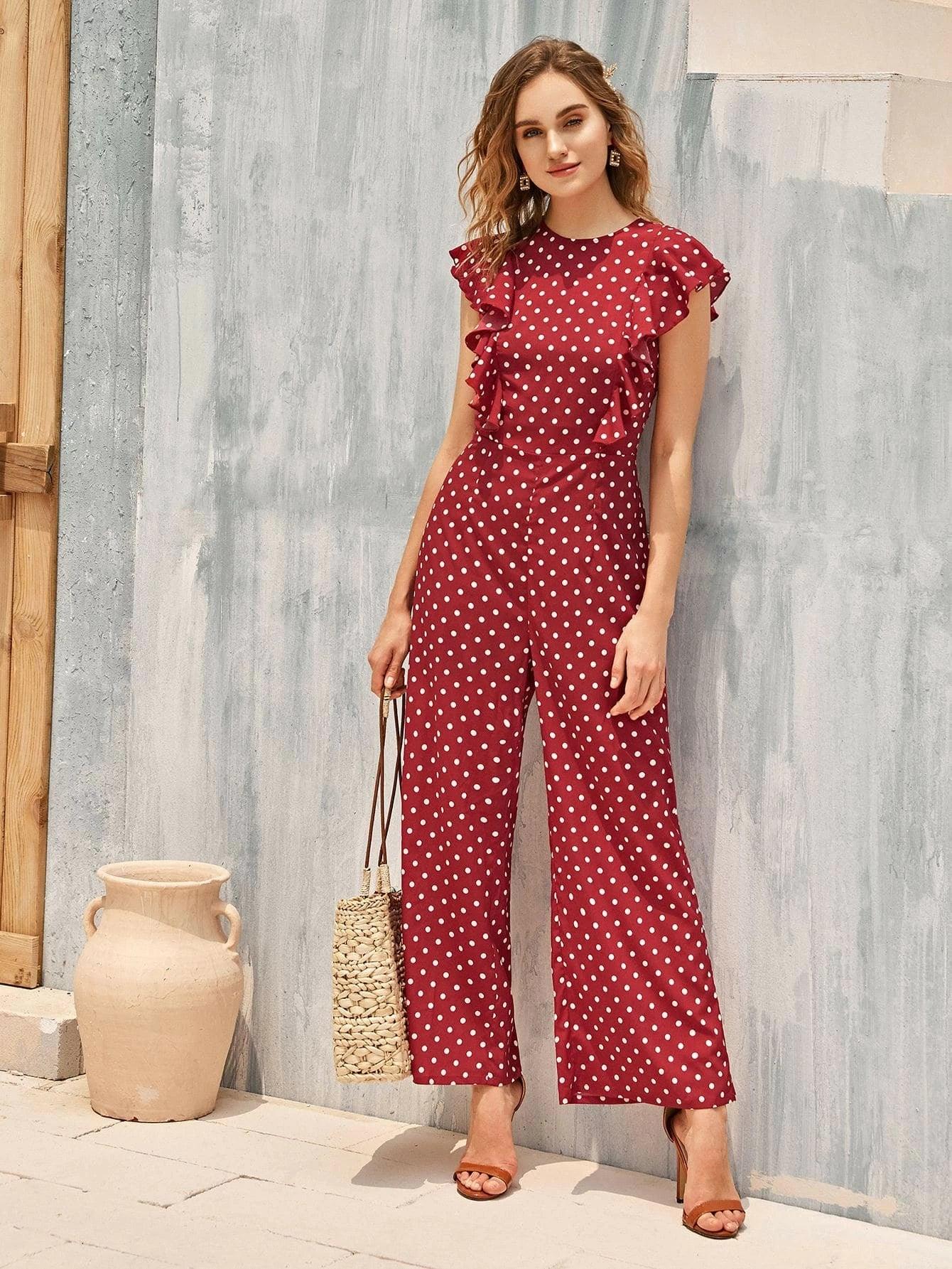 Ruffle Armhole Polka Dot Palazzo Jumpsuit-Comfy Jumpsuits