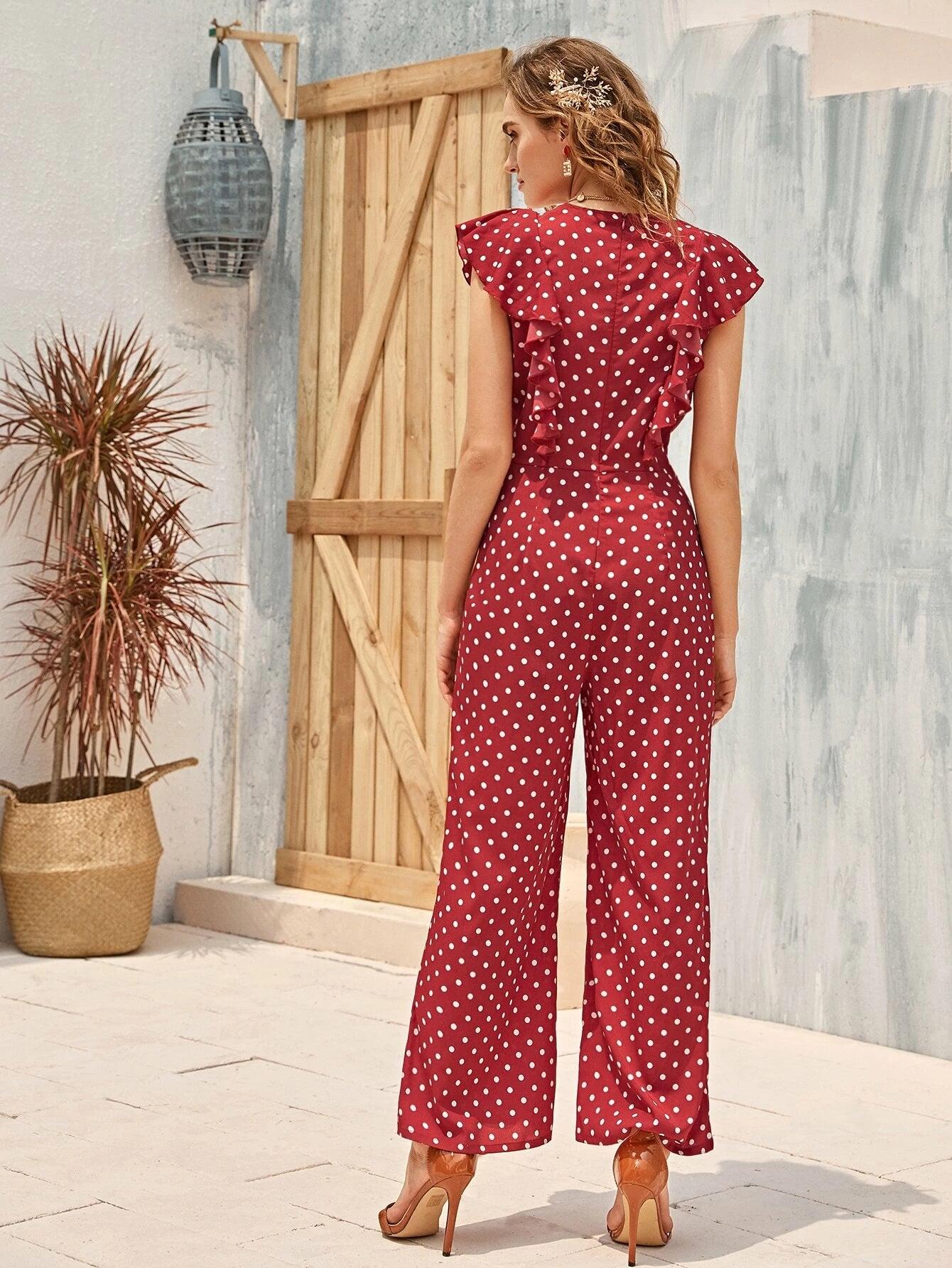 Ruffle Armhole Polka Dot Palazzo Jumpsuit-Comfy Jumpsuits
