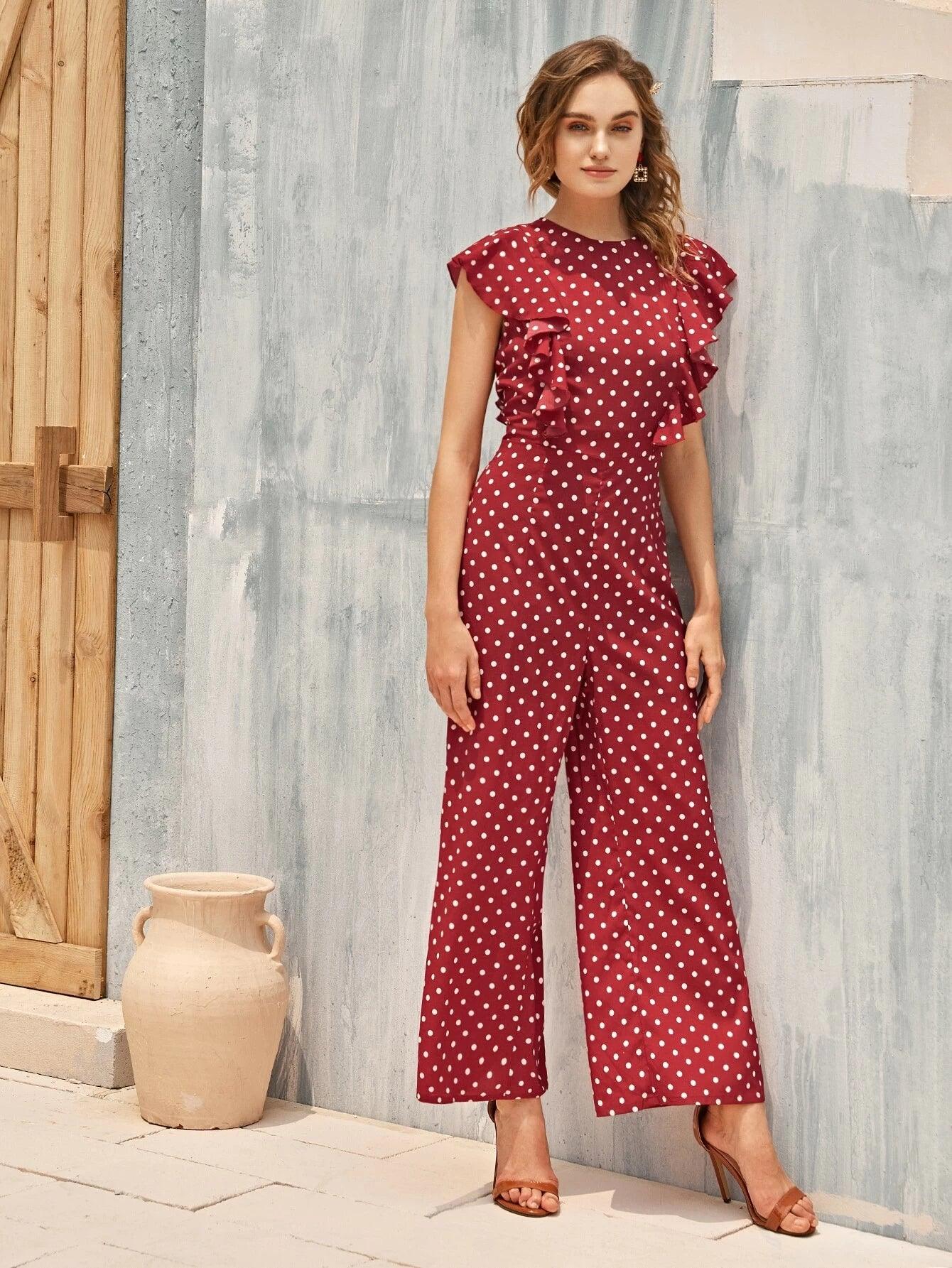 Ruffle Armhole Polka Dot Palazzo Jumpsuit-Comfy Jumpsuits