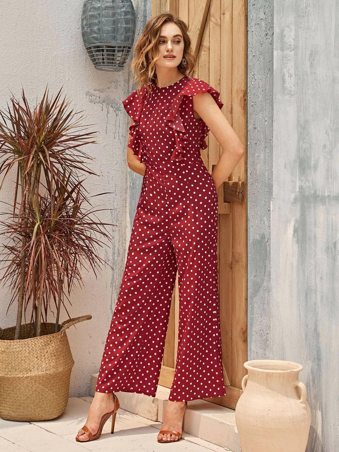 Ruffle Armhole Polka Dot Palazzo Jumpsuit-Comfy Jumpsuits