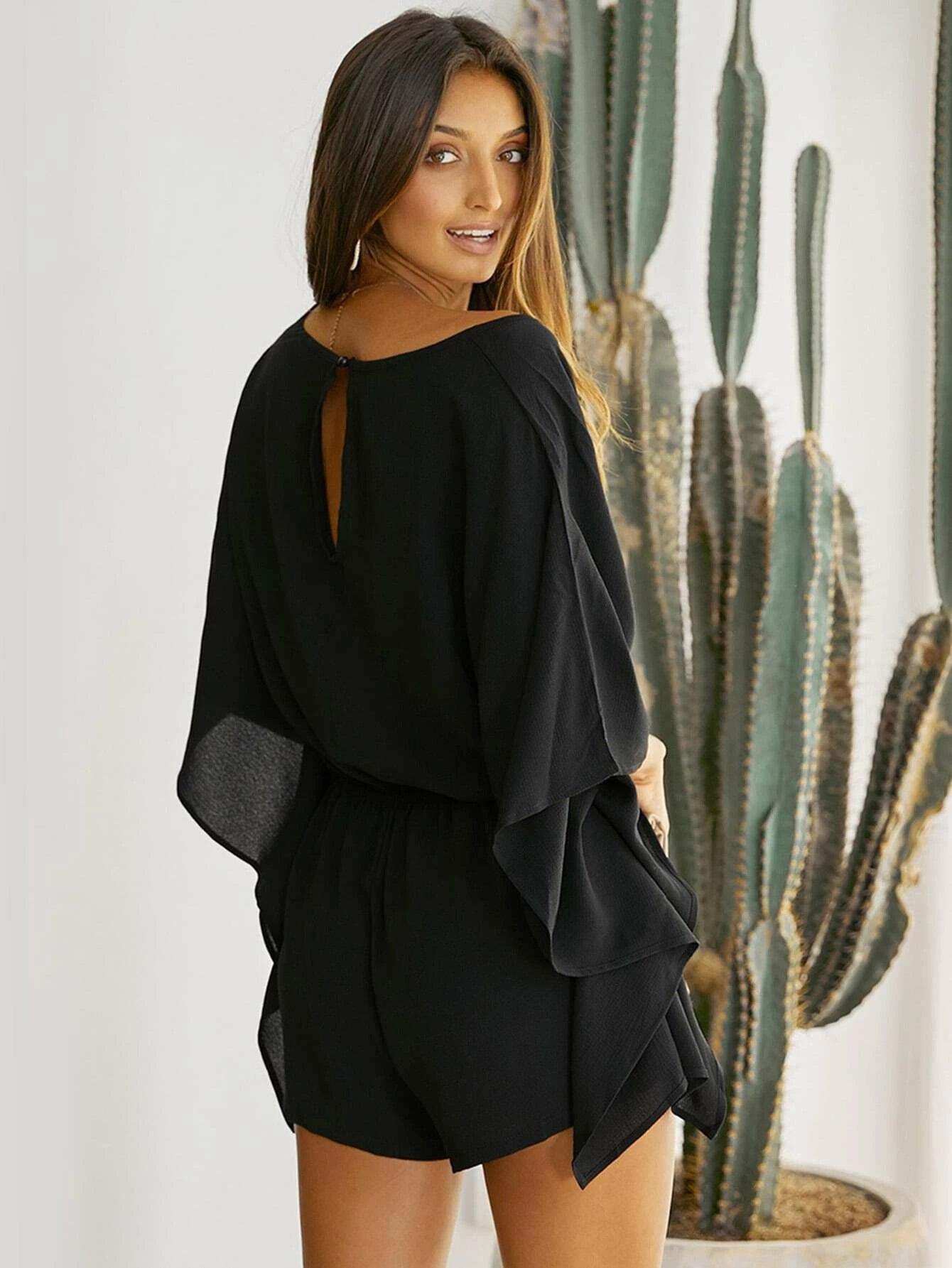 Batwing Sleeve Drawstring Waist Romper-Comfy Jumpsuits