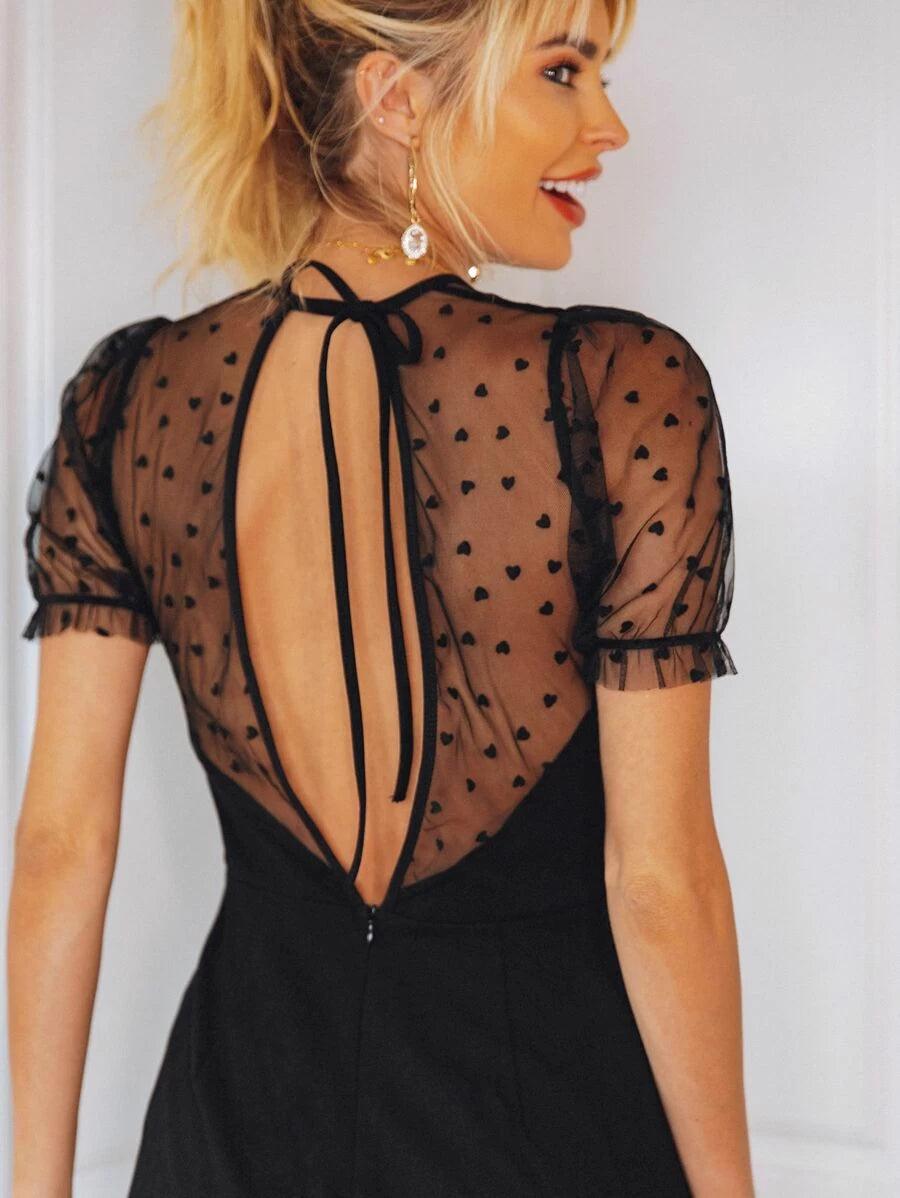 Tie Back Contrast Mesh Romper-Comfy Jumpsuits