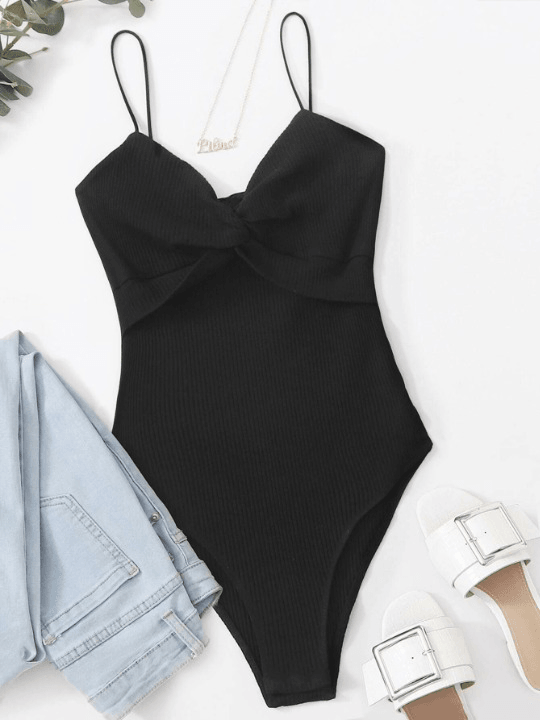 Sleeveless Front Rib-Knit Slip Bodysuit-Comfy Jumpsuits