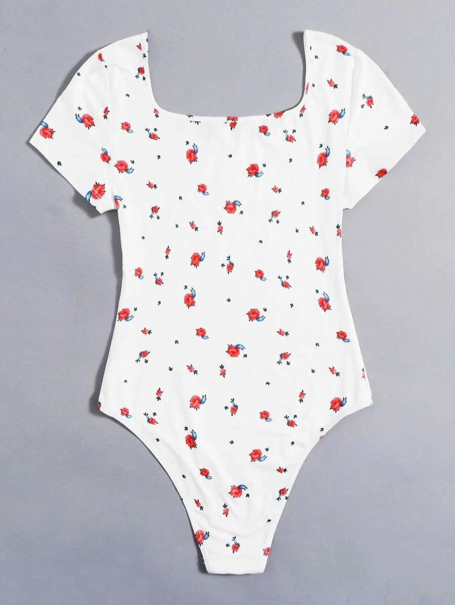 Scoop Neck Floral Print Bodysuit-Comfy Jumpsuits