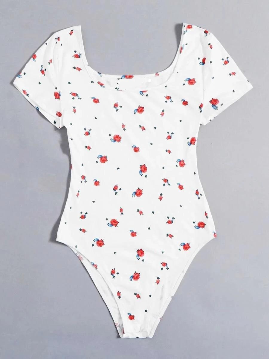 Scoop Neck Floral Print Bodysuit-Comfy Jumpsuits