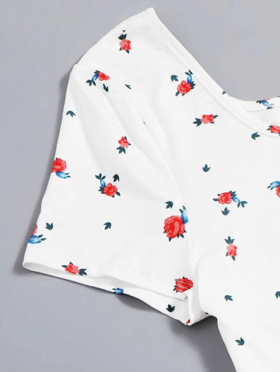 Scoop Neck Floral Print Bodysuit-Comfy Jumpsuits