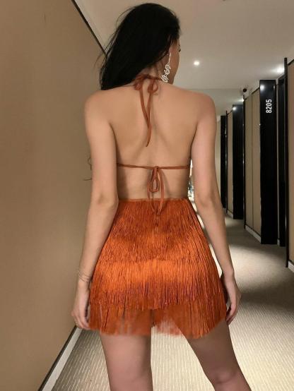 Backless Fringe Halter Romper-Comfy Jumpsuits