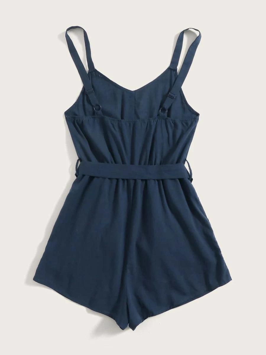 Button Front Wide Leg Belted Cami Romper-Comfy Jumpsuits