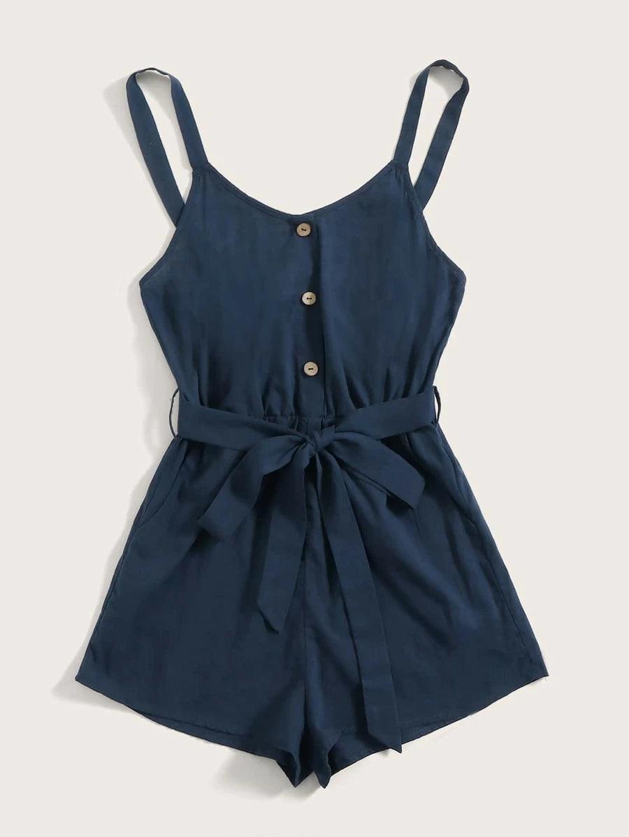 Button Front Wide Leg Belted Cami Romper-Comfy Jumpsuits