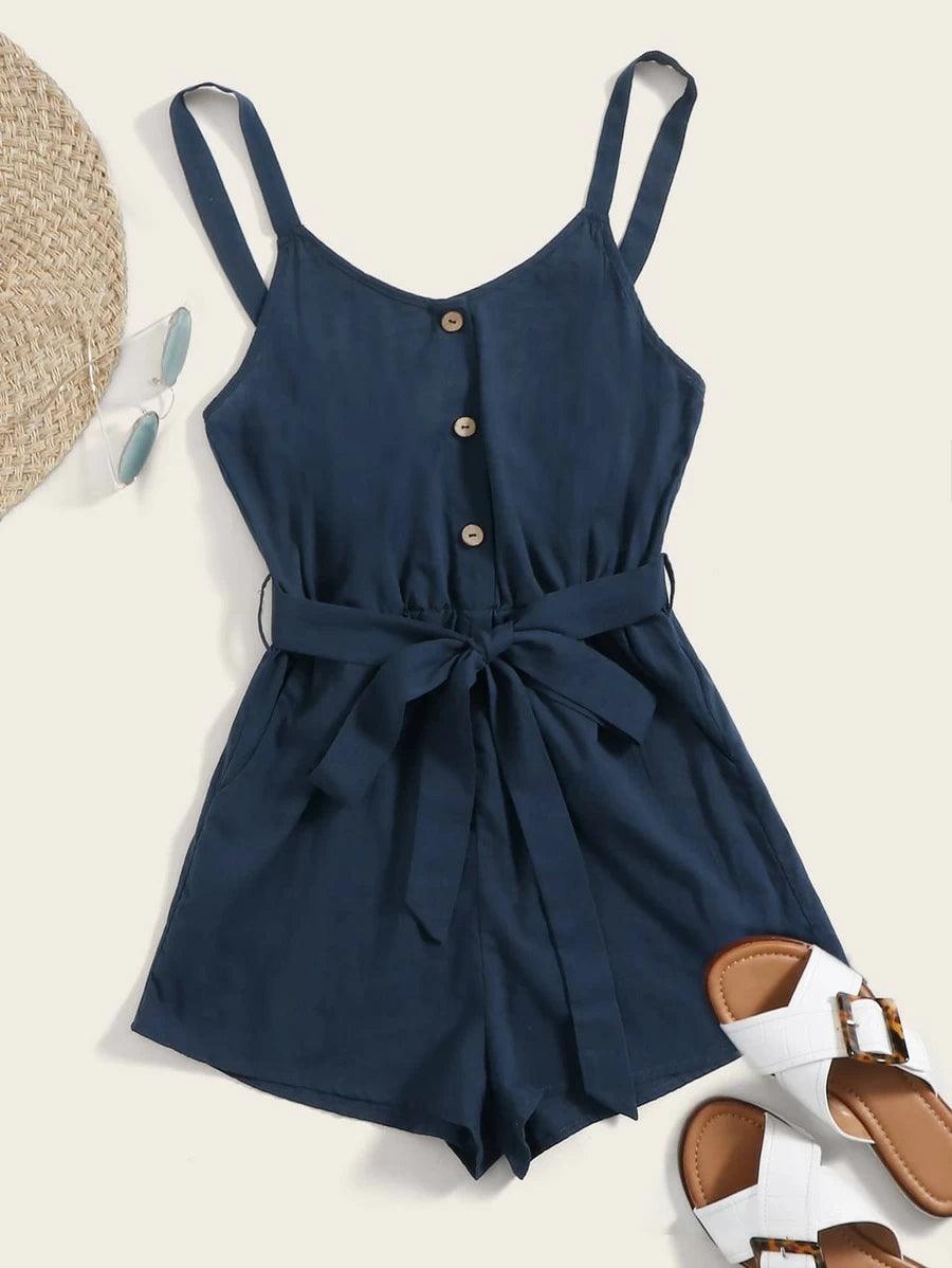 Button Front Wide Leg Belted Cami Romper-Comfy Jumpsuits