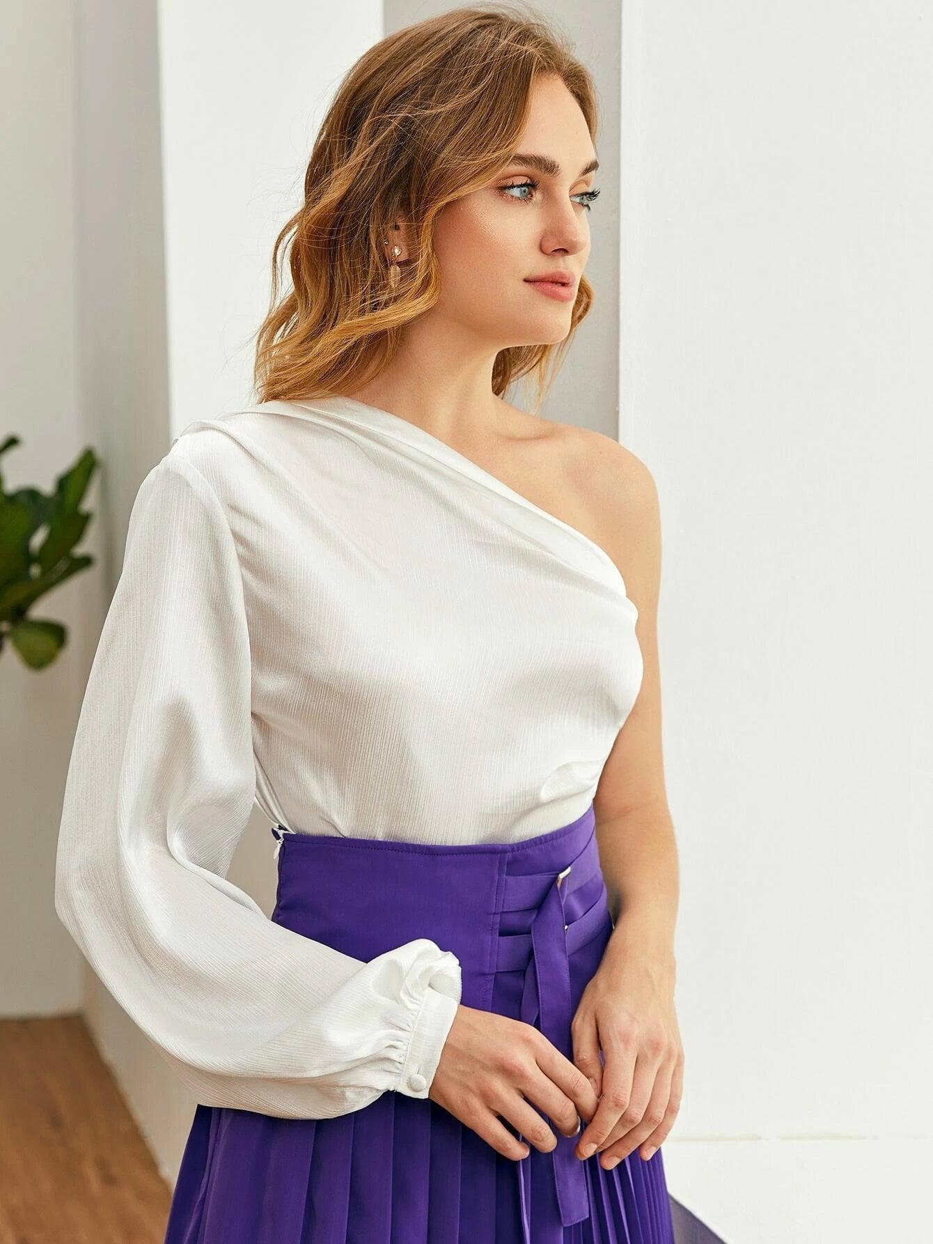 Bishop Sleeve One Shoulder Bodysuit-Comfy Jumpsuits