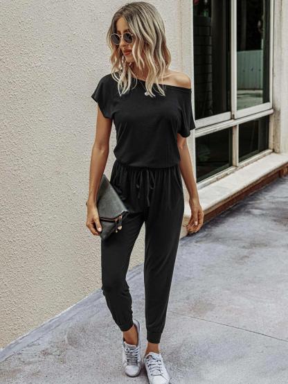Solid Drawstring Waist Keyhole Back Jumpsuit-Comfy Jumpsuits