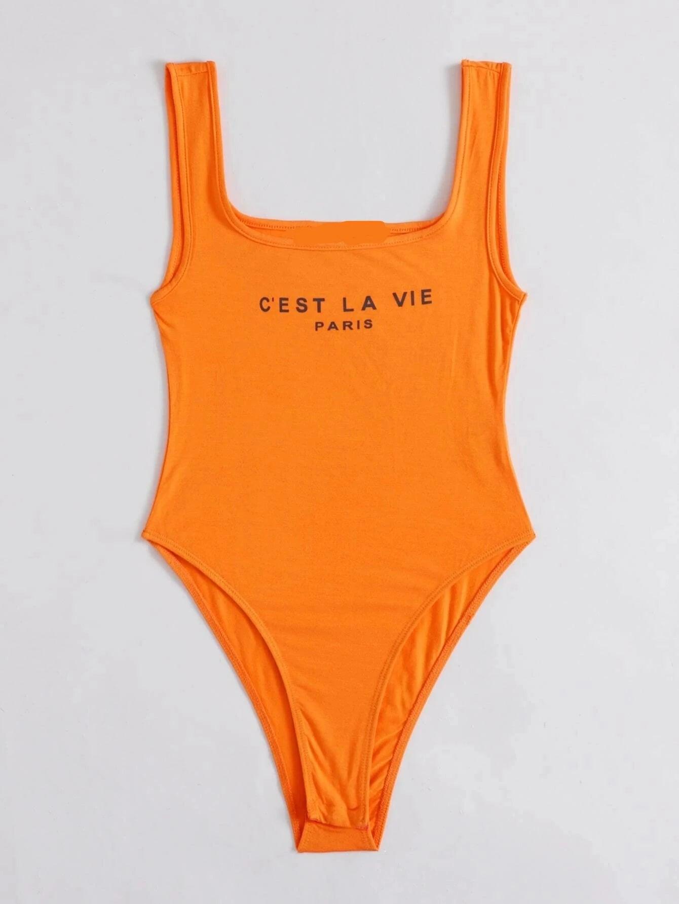 Slogan Graphic Tank Bodysuit-Comfy Jumpsuits