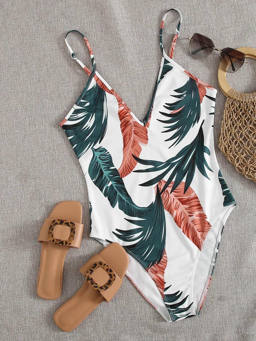Jungle Leaf Print Cami Bodysuit-Comfy Jumpsuits