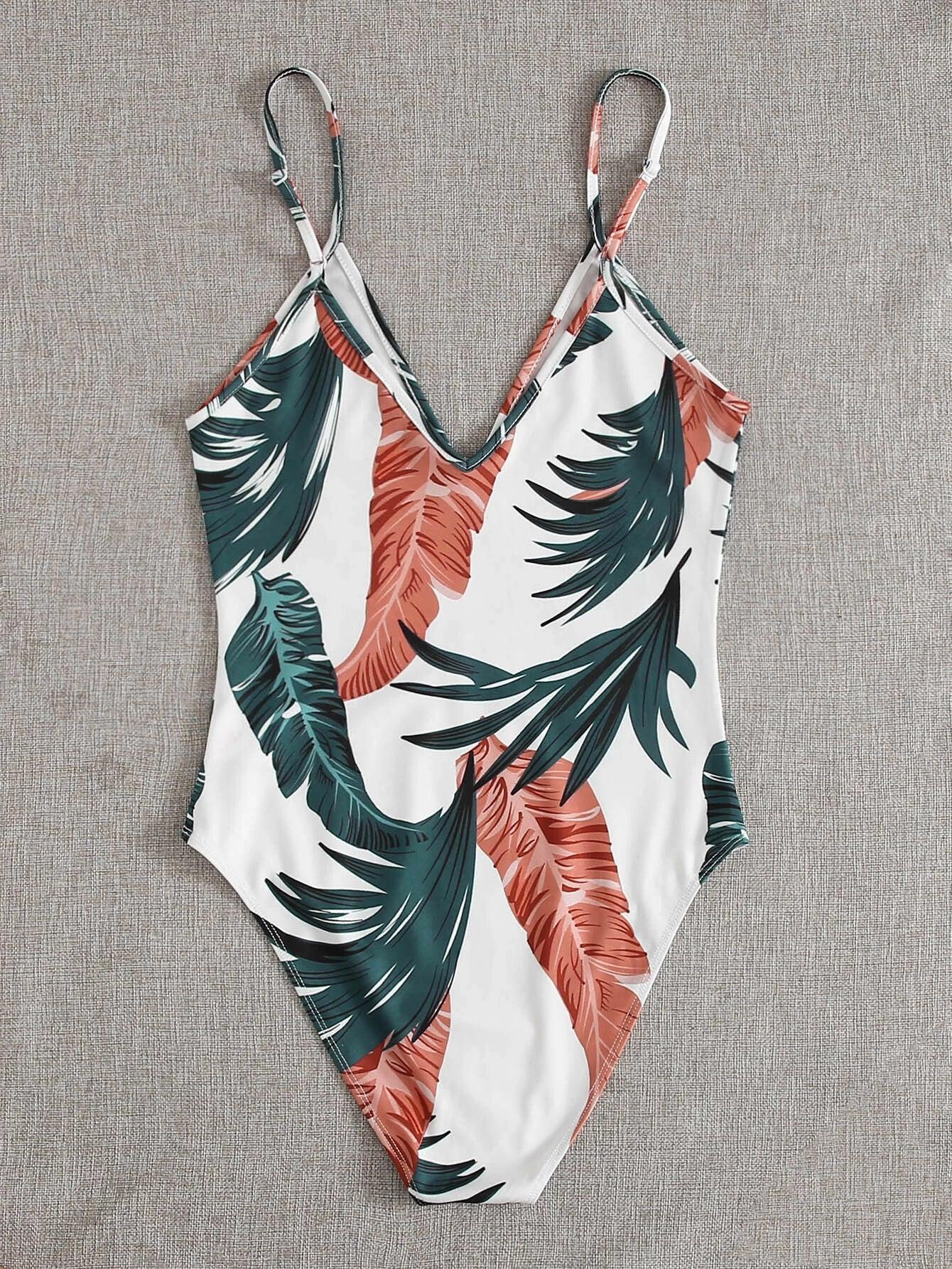 Jungle Leaf Print Cami Bodysuit-Comfy Jumpsuits