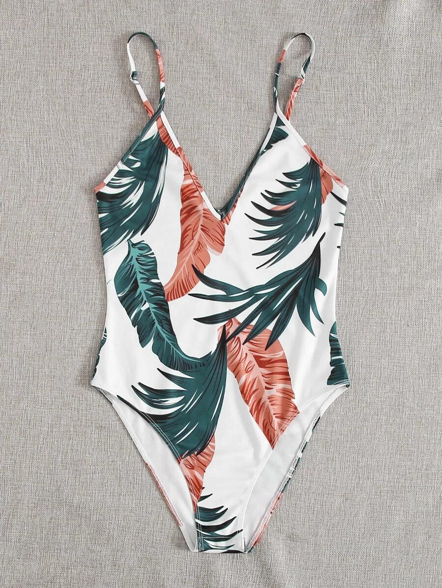 Jungle Leaf Print Cami Bodysuit-Comfy Jumpsuits