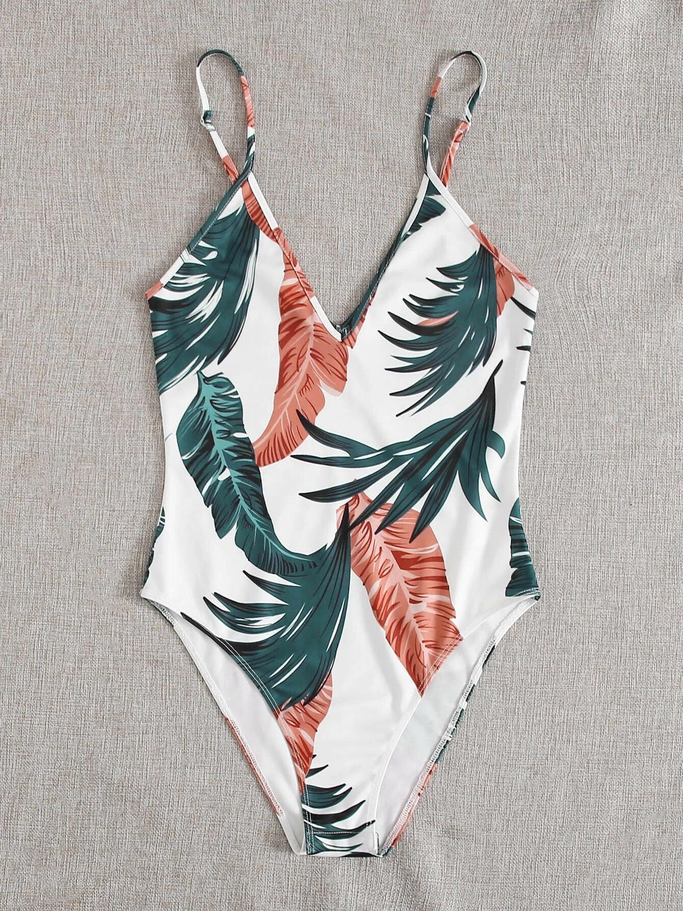 Jungle Leaf Print Cami Bodysuit-Comfy Jumpsuits