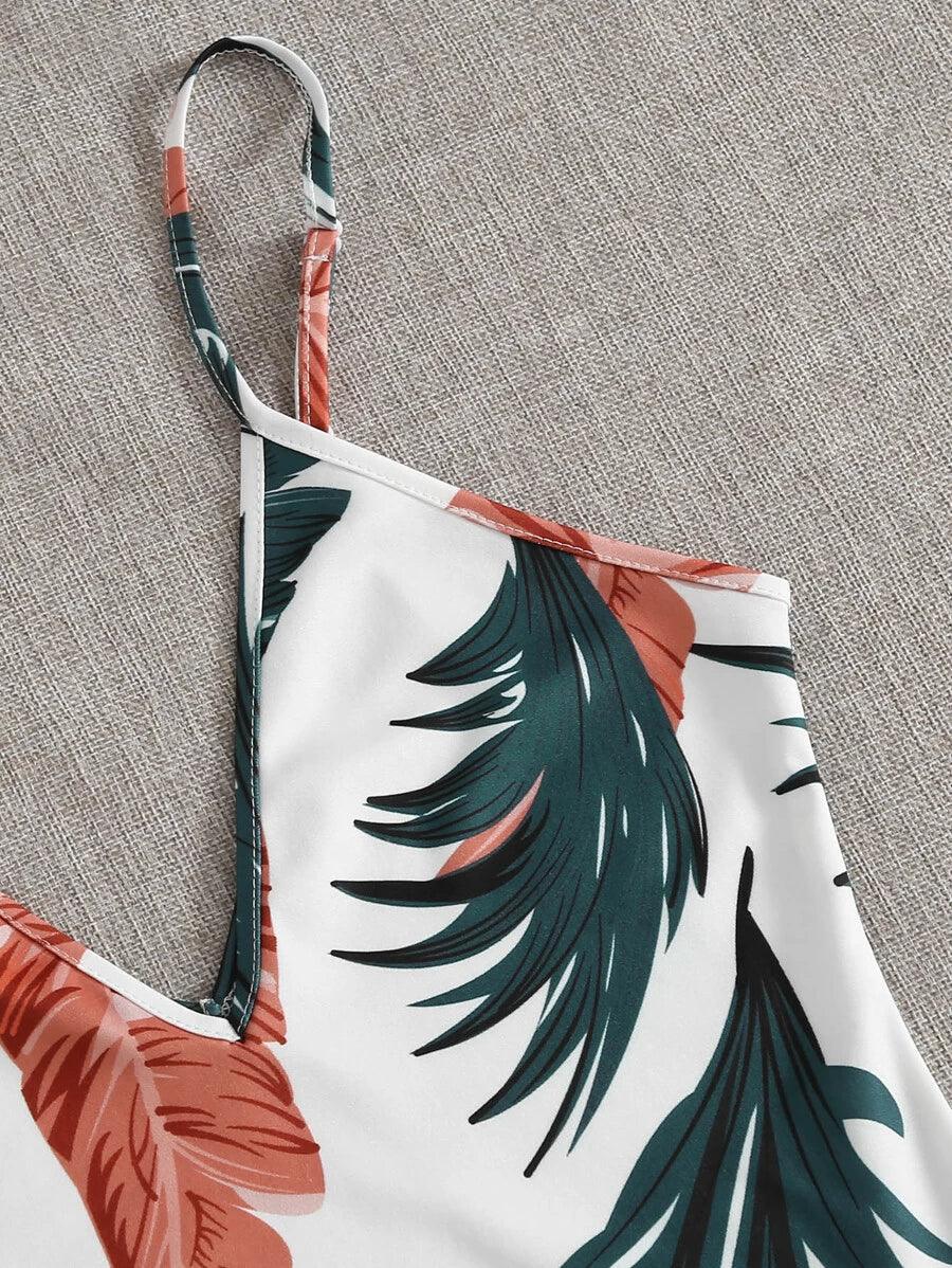 Jungle Leaf Print Cami Bodysuit-Comfy Jumpsuits