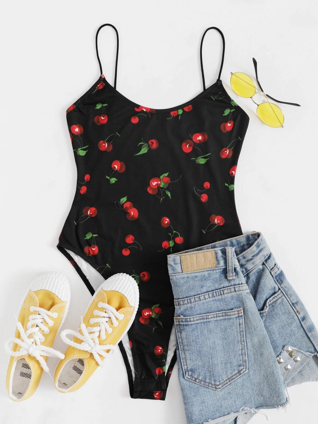 Cherry Print Cami Bodysuit-Comfy Jumpsuits