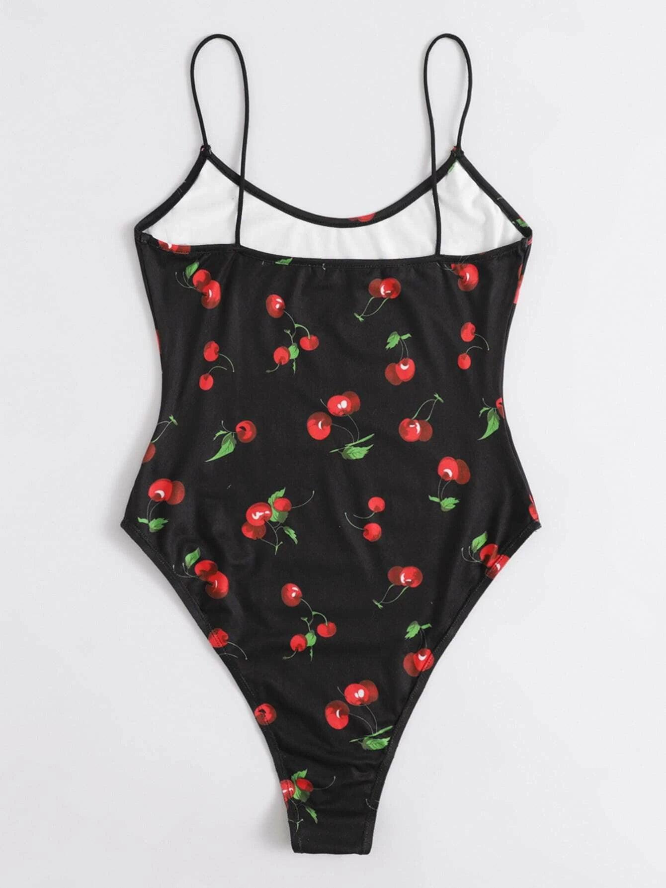Cherry Print Cami Bodysuit-Comfy Jumpsuits