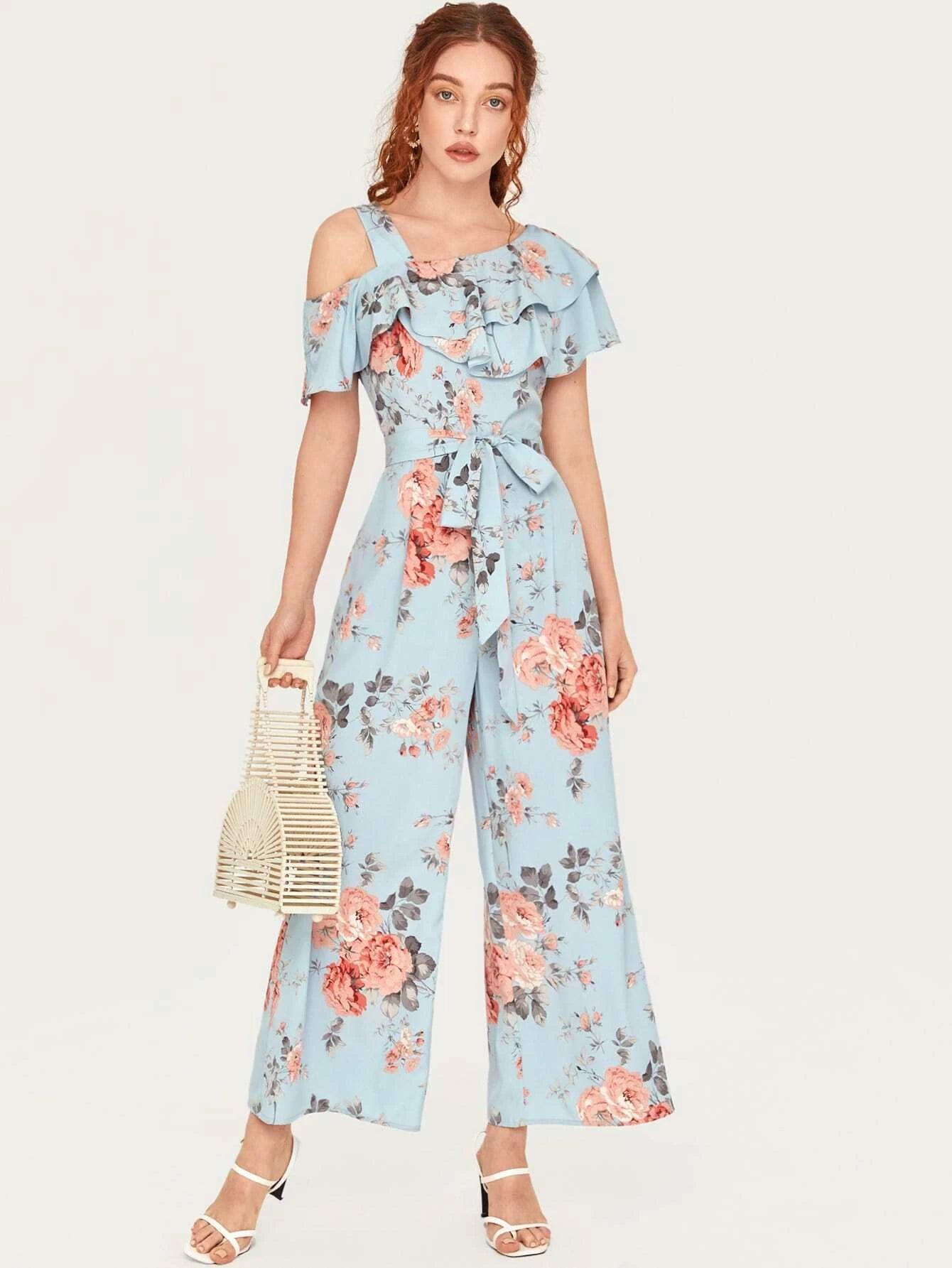 Floral Pattern Ruffled Belted Jumpsuit-Comfy Jumpsuits