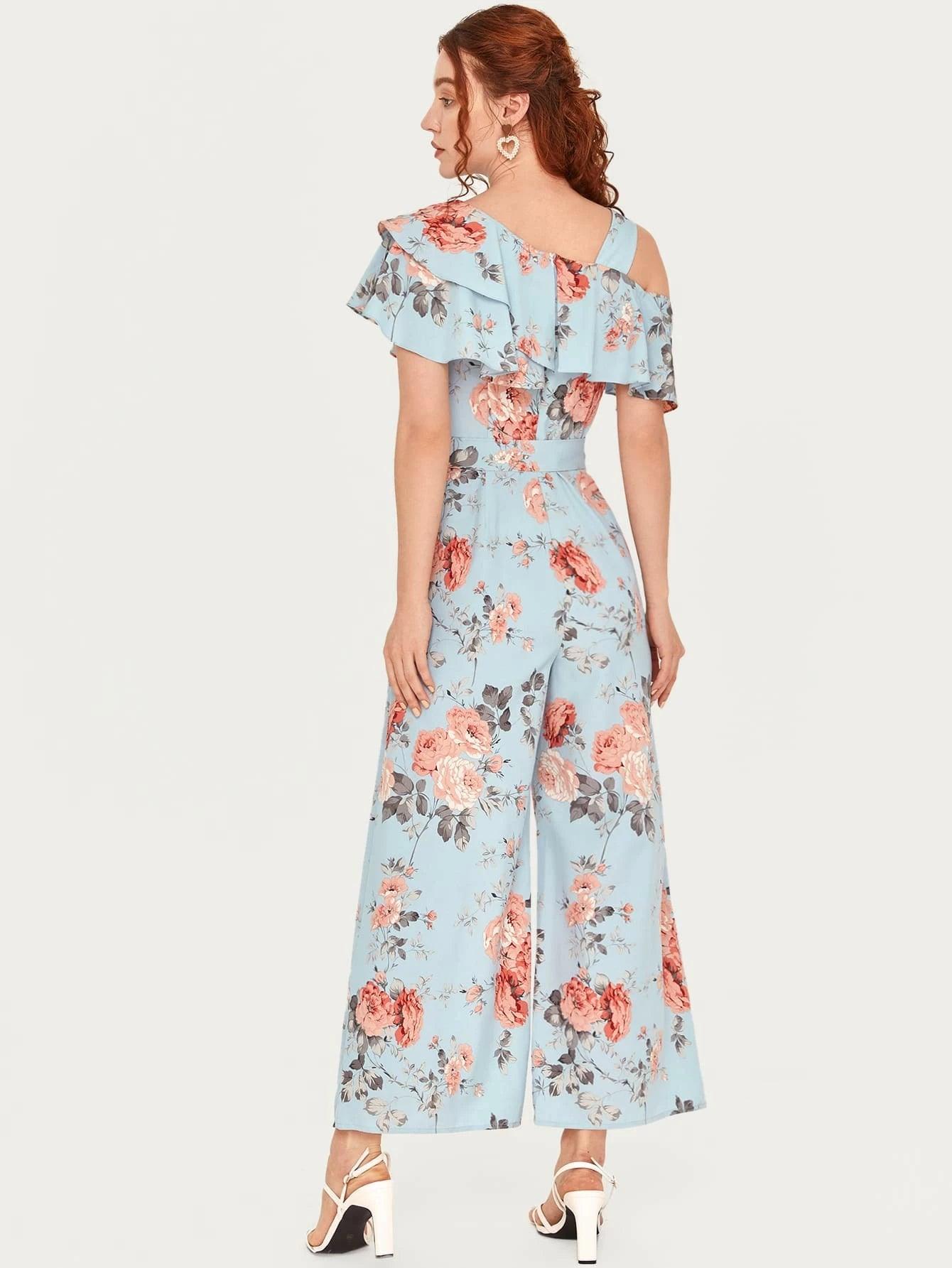 Floral Pattern Ruffled Belted Jumpsuit-Comfy Jumpsuits