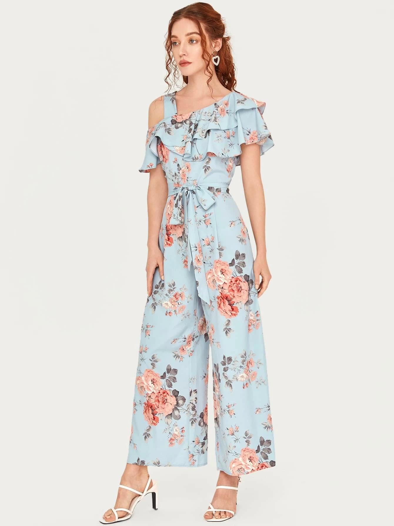 Floral Pattern Ruffled Belted Jumpsuit-Comfy Jumpsuits