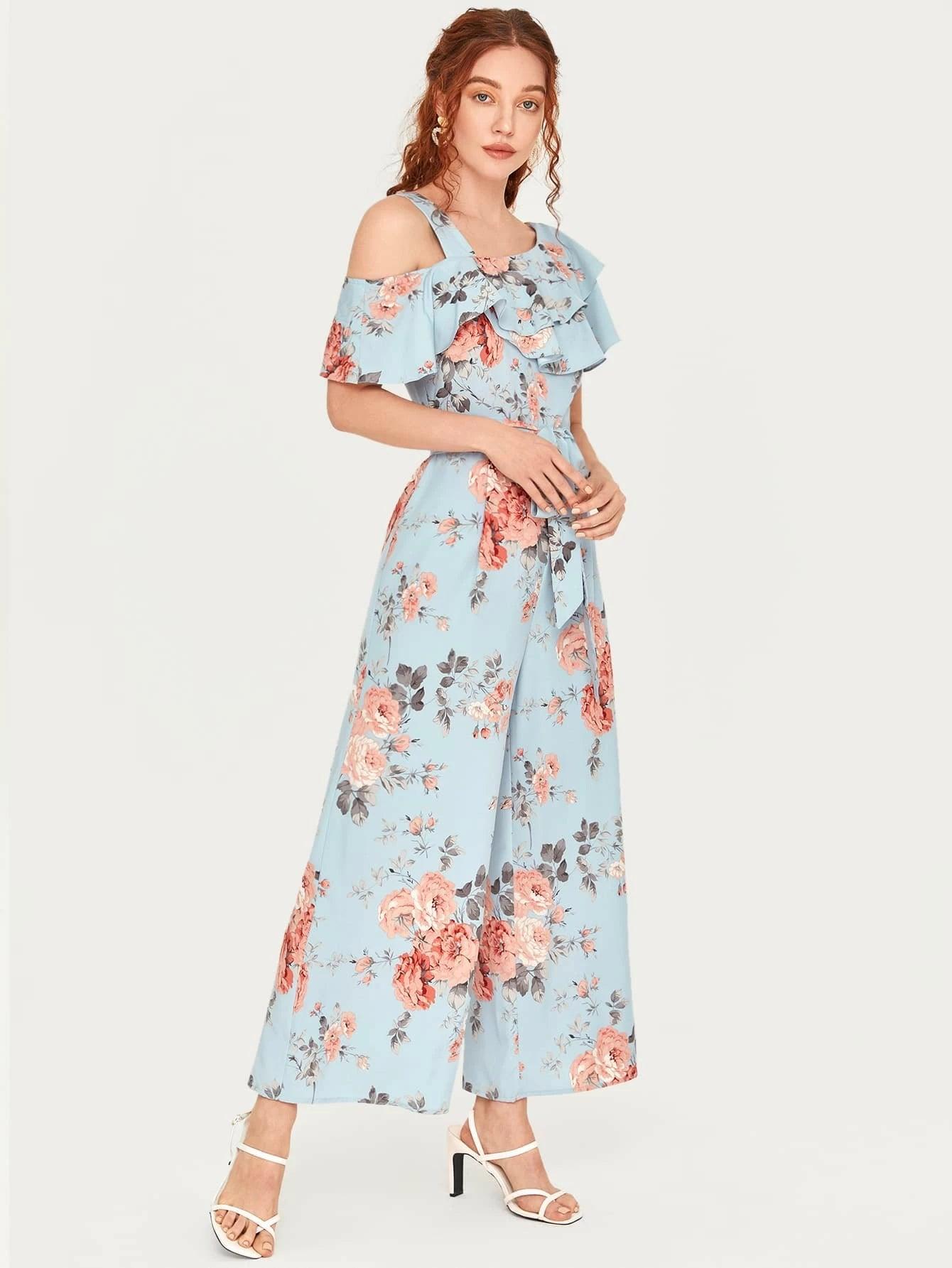 Floral Pattern Ruffled Belted Jumpsuit-Comfy Jumpsuits