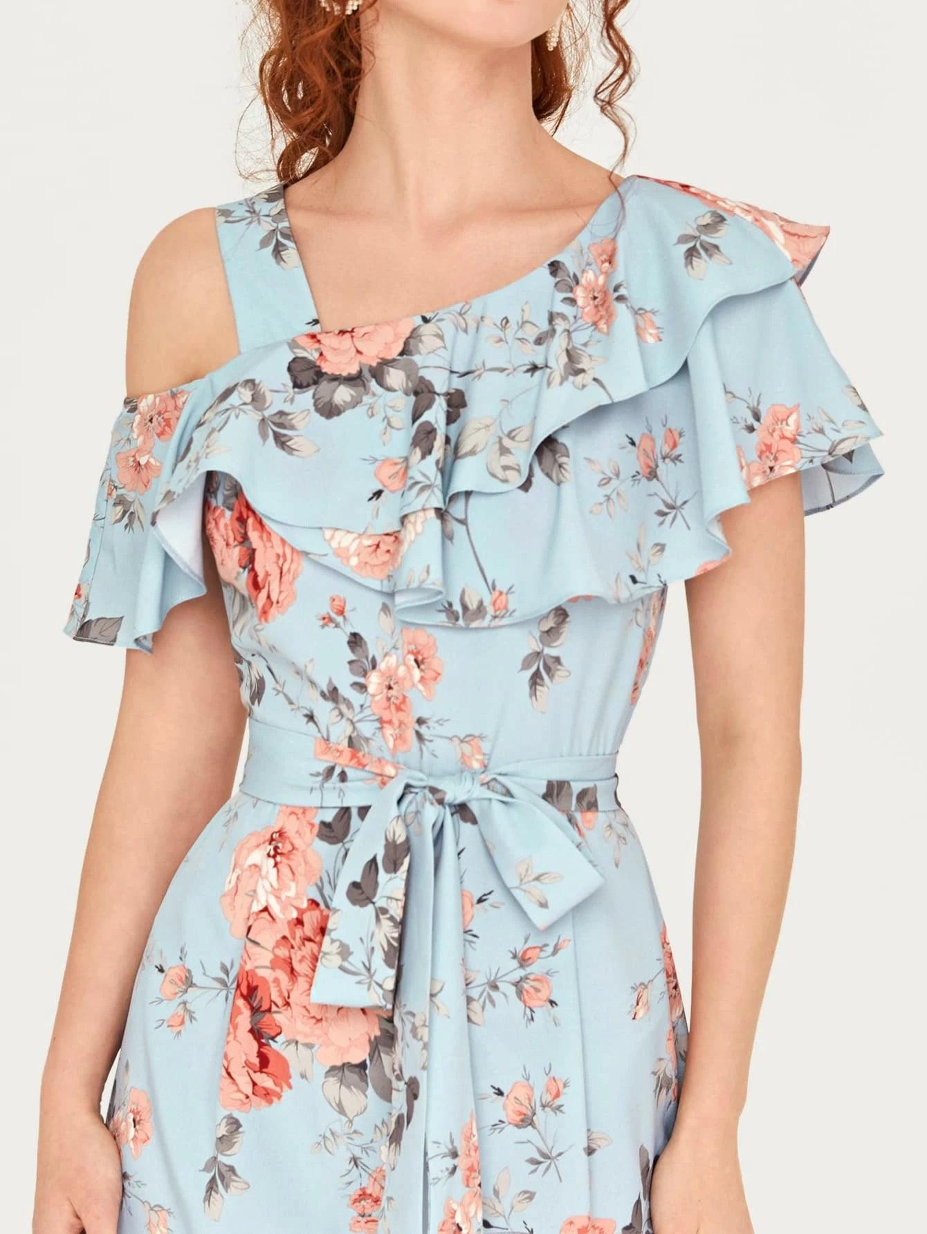 Floral Pattern Ruffled Belted Jumpsuit-Comfy Jumpsuits
