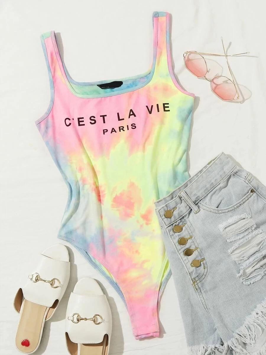Letter Graphic Tie Dye Tank Bodysuit-Comfy Jumpsuits